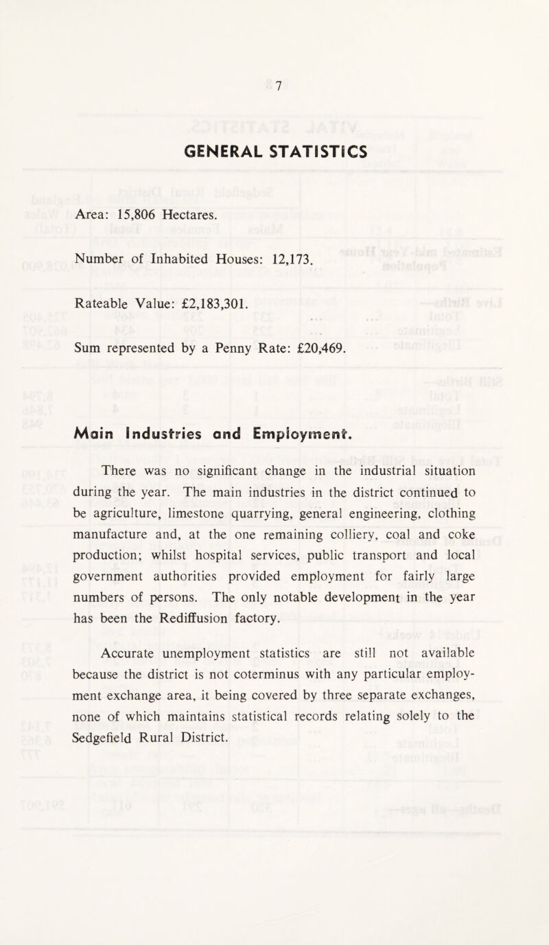 GENERAL STATS STS CS Area: 15,806 Hectares. Number of Inhabited Houses: 12,173. Rateable Value: £2,183,301. Sum represented by a Penny Rate: £20,469. Main industries and Employment. There was no significant change in the industrial situation during the year. The main industries in the district continued to be agriculture, limestone quarrying, general engineering, clothing manufacture and, at the one remaining colliery, coal and coke production; whilst hospital services, public transport and local government authorities provided employment for fairly large numbers of persons. The only notable development in the year has been the Rediffusion factory. Accurate unemployment statistics are still not available because the district is not coterminus with any particular employ¬ ment exchange area, it being covered by three separate exchanges, none of which maintains statistical records relating solely to the Sedgefield Rural District.