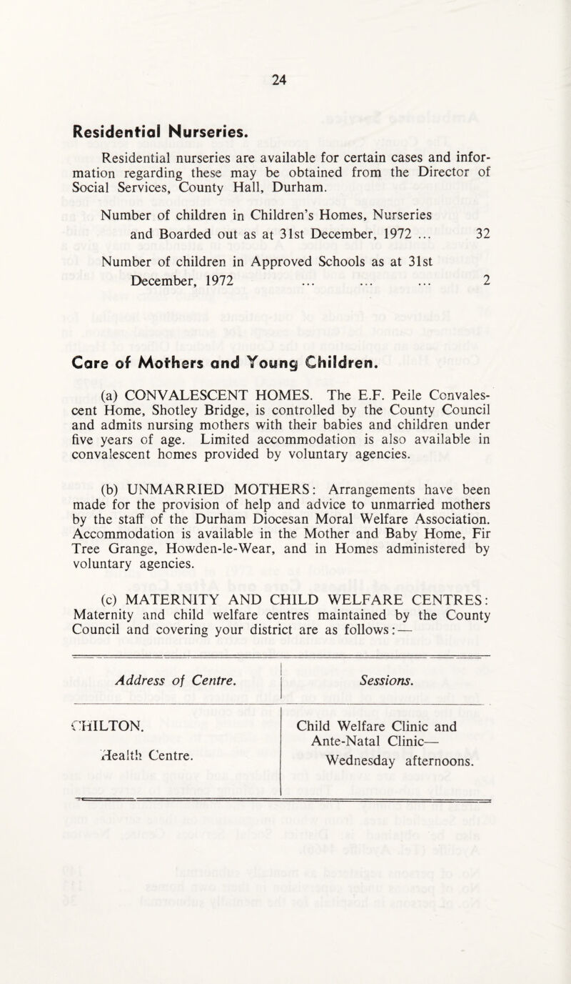Residential Nurseries. Residential nurseries are available for certain cases and infor¬ mation regarding these may be obtained from the Director of Social Services, County Hall, Durham. Number of children in Children’s Homes, Nurseries and Boarded out as at 31st December, 1972 ... 32 Number of children in Approved Schools as at 31st December, 1972 ... ... ... 2 Care of Mothers and Young Children. (a) CONVALESCENT HOMES. The E.F. Peile Convales¬ cent Home, Shotley Bridge, is controlled by the County Council and admits nursing mothers with their babies and children under five years of age. Limited accommodation is also available in convalescent homes provided by voluntary agencies. (b) UNMARRIED MOTHERS: Arrangements have been made for the provision of help and advice to unmarried mothers by the staff of the Durham Diocesan Moral Welfare Association. Accommodation is available in the Mother and Baby Home, Fir Tree Grange, Howden-le-Wear, and in Homes administered by voluntary agencies. (c) MATERNITY AND CHILD WELFARE CENTRES: Maternity and child welfare centres maintained by the County Council and covering your district are as follows: — Address of Centre. Sessions. CHILTON. Child Welfare Clinic and Ante-Natal Clinic— Health Centre. Wednesday afternoons.