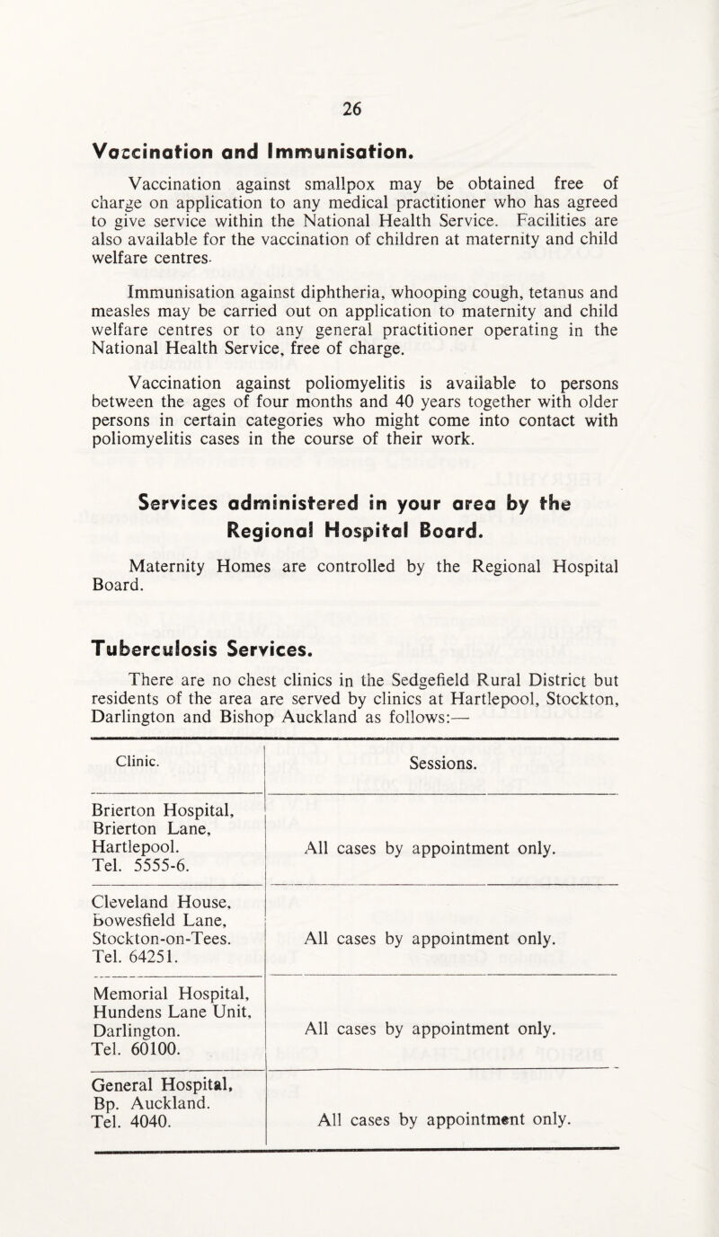 Vaccination and Immunisation. Vaccination against smallpox may be obtained free of charge on application to any medical practitioner who has agreed to give service within the National Health Service. Facilities are also available for the vaccination of children at maternity and child welfare centres- Immunisation against diphtheria, whooping cough, tetanus and measles may be carried out on application to maternity and child welfare centres or to any general practitioner operating in the National Health Service, free of charge. Vaccination against poliomyelitis is available to persons between the ages of four months and 40 years together with older persons in certain categories who might come into contact with poliomyelitis cases in the course of their work. Services administered in your area by the Regional Hospital Board. Maternity Homes are controlled by the Regional Hospital Board. Tuberculosis Services. There are no chest clinics in the Sedgefield Rural District but residents of the area are served by clinics at Hartlepool, Stockton, Darlington and Bishop Auckland as follows:— Clinic. Sessions. Brierton Hospital, Brierton Lane, Hartlepool. Tel. 5555-6. All cases by appointment only. Cleveland House, bowesfield Lane, Stockton-on-Tees. Tel. 64251. All cases by appointment only. Memorial Hospital, Hundens Lane Unit, Darlington. Tel. 60100. All cases by appointment only. General Hospital. Bp. Auckland. Tel. 4040. All cases by appointment only.