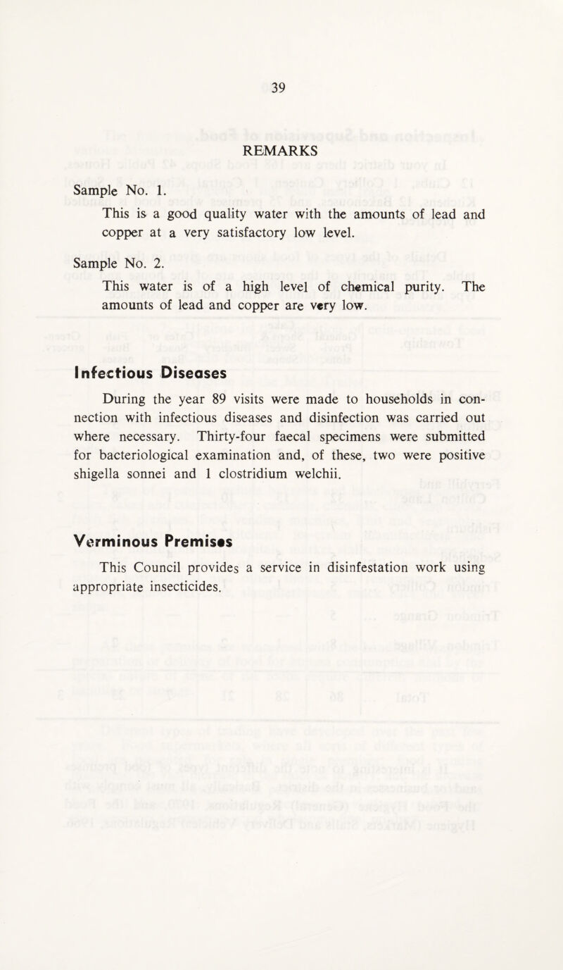 REMARKS Sample No. 1. This is a good quality water with the amounts of lead and copper at a very satisfactory low level. Sample No. 2. This water is of a high level of chemical purity. The amounts of lead and copper are very low. Infectious Diseases During the year 89 visits were made to households in con¬ nection with infectious diseases and disinfection was carried out where necessary. Thirty-four faecal specimens were submitted for bacteriological examination and, of these, two were positive shigella sonnei and 1 Clostridium welchii. Verminous Premises This Council provides a service in disinfestation work using appropriate insecticides.