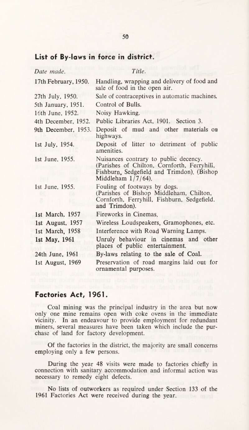 List of By-laws in force in district. Date made. Title. 17th February, 1950. 27th July, 1950. 5th January, 1951. 16th June, 1952. 4th December, 1952. 9th December, 1953. 1st July, 1954. 1st June. 1955. 1st June. 1955. 1st March, 1957 1st August, 1957 1st March, 1958 1st May, 1961 24th June, 1961 1st August, 1969 Handling, wrapping and delivery of food and sale of food in the open air. Sale of contraceptives in automatic machines. Control of Bulls. Noisy Hawking. Public Libraries Act, 1901. Section 3. Deposit of mud and other materials on highways. Deposit of litter to detriment of public amenities. Nuisances contrary to public decency. (Parishes of Chilton, Cornforth, Ferry hill, Fishburn, Sedgefield and Trimdon). (Bishop Middleham 1/7/64). Fouling of footways by dogs. (Parishes of Bishop Middleham, Chilton, Cornforth, Ferryhill, Fishburn, Sedgefield, and Trimdon). Fireworks in Cinemas. Wireless Loudspeakers, Gramophones, etc. Interference with Road Warning Lamps. Unruly behaviour in cinemas and other places of public entertainment. By-laws relating to the sale of Coal. Preservation of road margins laid out for ornamental purposes. Factories Act, 1961. Coal mining was the principal industry in the area but now only one mine remains open with coke ovens in the immediate vicinity. In an endeavour to provide employment for redundant miners, several measures have been taken which include the pur¬ chase of land for factory development. Of the factories in the district, the majority are small concerns employing only a few persons. During the year 48 visits were made to factories chiefly in connection with sanitary accommodation and informal action was necessary to remedy eight defects. No lists of outworkers as required under Section 133 of the 1961 Factories Act were received during the year.