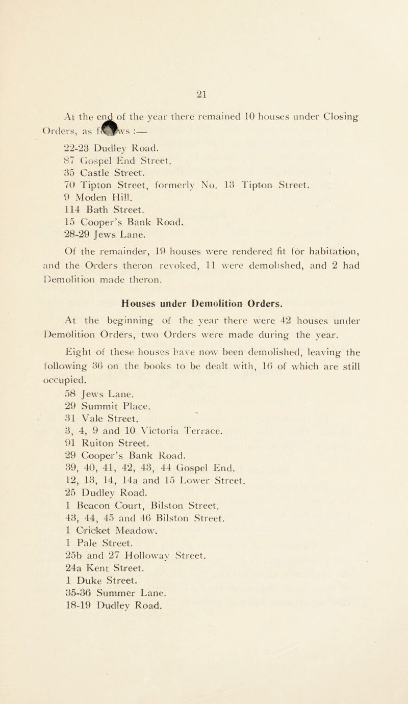 At the end of the year there remained 10 houses under Closing Orders, as f^Ptos :— 22-23 Dudley Road. 87 Gospel End Street. 35 Castle Street. 70 Tipton Street, formerly No. 13 Tipton Street. 9 Moden Hill. 114 Bath Street. 15 Cooper’s Bank Road. 28-29 Jews Lane. Of the remainder, 19 houses were rendered fit for habitation, and the Orders theron revoked, 11 were demolished, and 2 had Demolition made theron. Houses under Demolition Orders. At the beginning of the year there were 42 houses under Demolition Orders, two Orders were made during the year. Eight of these houses have now been demolished, leaving the following 36 on the books to be dealt with, 16 of which are still occupied. 58 Jews Lane. 29 Summit Place. 31 Vale .Street. 3, 4, 9 and 10 Victoria Terrace. 91 Ru it o n S treet. 29 Cooper’s Bank Road. 39, 40', 41, 42, 43, 44 Gospel End. 12, 13, 14, 14a and 15 Lower Street. 25 Dudley Road. 1 Beacon Court, Bilston Street. 43, 44, 45 and 46 Bilston Street. 1 Cricket Meadow. 1 Pale Street. 25b and 27 Holloway Street. 24a Kent Street. 1 Duke Street. 35-36 Summer Lane. 18-19 Dudley Road.