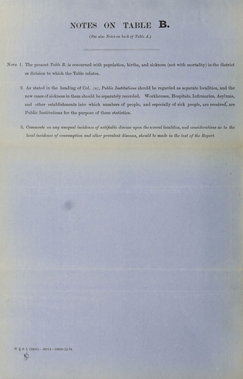NOTES ON TABLE B. (See also Notes on back of Table A.) Note 1. The present Table B. is concerned with population, births, and sickness (not with mortality) in the district or division to which the Table relates. 2. As stated in the heading of Col. (a), Public Institutions should be regarded as separate localities, and the new cases of sickness in them should he separately recorded. Workhouses, Hospitals, Infirmaries, Asylums, and other establishments into which numbers of people, and especially of sick people, are received, are Public Institutions for the purpose of these statistics. 3. Comments on any unequal incidence of notifiable disease upon the several localities, and considerations as to the local incidence of consumption and other prevalent diseases, should, be made in the text of the Report. W 5 & L (555u)—46214—10500-12-94