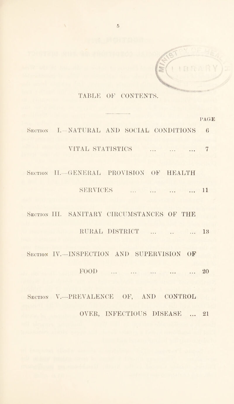 TABLE OE CONTENTS. Section I. NATURAL AND SOCIAL CONDITIONS VITAL STATISTICS . Section II.—GENERAL PROVISION OF HEALTH SERVICES . Section III. SANITARY CIRCUMSTANCES OF THE RURAL DISTRICT . Section IV.—INSPECTION AND SUPERVISION OF FOOD . Section V.—PREVALENCE OF, AND CONTROL PAGE 6 7 11 18 20 OVER, INFECTIOUS DISEASE 21