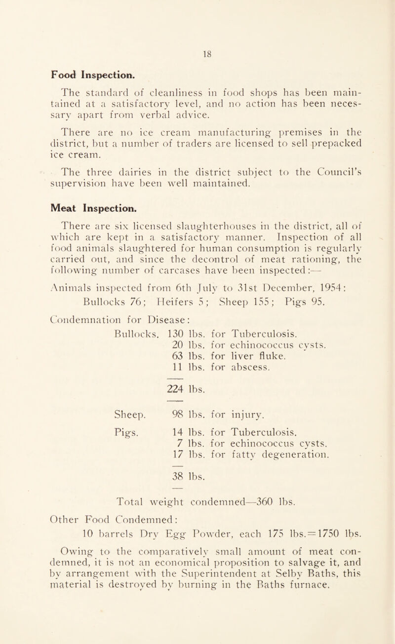 Food Inspection. The standard of cleanliness in food shops has been main¬ tained at a satisfactory level, and no action has been neces¬ sary apart from verbal advice. There are no ice cream manufacturing premises in the district, but a number of traders are licensed to sell prepacked ice cream. The three dairies in the district subject to the Council’s supervision have been well maintained. Meat Inspection. There are six licensed slaughterhouses in the district, all of which are kept in a satisfactory manner. Inspection of all food animals slaughtered for human consumption is regularly carried out, and since the decontrol of meat rationing, the following number of carcases have been inspected :— Animals inspected from 6th July to 31st December, 1954: Bullocks 76; Heifers 5; Sheep 155; Pigs 95. Condemnation for Disease: Bullocks. 130 lbs. for Tuberculosis. 20 lbs. for echinococcus cysts. 63 lbs. for liver fluke. 11 lbs. for abscess. 224 lbs. Sheep. Pigs. 98 lbs. for injury. 14 lbs. for Tuberculosis. 7 lbs. for echinococcus cysts. 17 lbs. for fatty degeneration. 38 lbs. Total weight condemned—360 lbs. Other Food Condemned : 10 barrels Dry Egg Powder, each 175 lbs. = 1750 lbs. Owing tO' the comparatively small amount of meat con¬ demned, it is not an economical proposition to salvag*e it, and by arrangement with the Superintendent at Selby Baths, this material is destroyed bv burning in the Baths furnace.