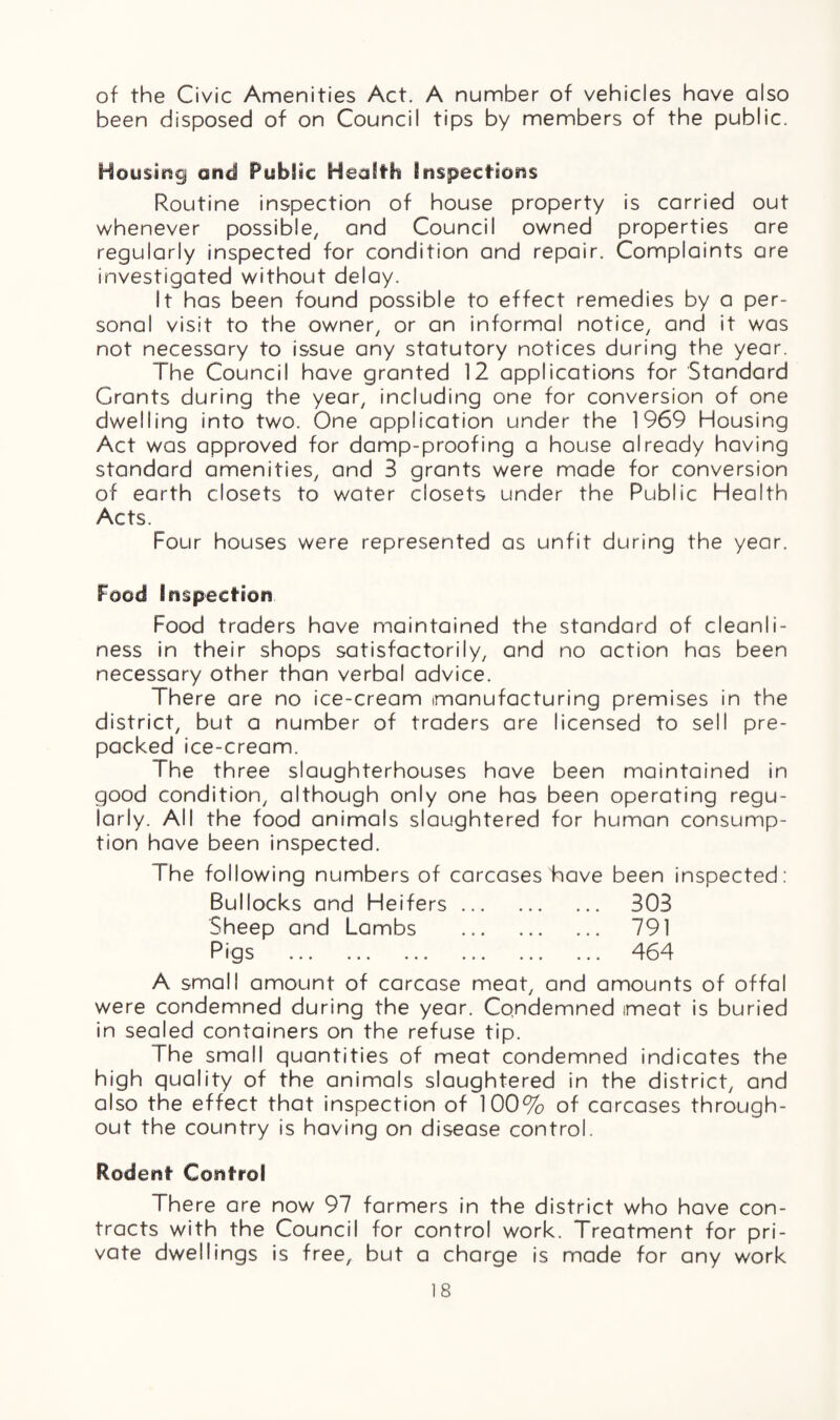 of the Civic Amenities Act. A number of vehicles have also been disposed of on Council tips by members of the public. Housing and Public Health Inspections Routine inspection of house property is carried out whenever possible, and Council owned properties are regularly inspected for condition and repair. Complaints are investigated without delay. It has been found possible to effect remedies by a per¬ sonal visit to the owner, or an informal notice, and it was not necessary to issue any statutory notices during the year. The Council have granted 12 applications for Standard Grants during the year, including one for conversion of one dwelling into two. One application under the 1969 Housing Act was approved for damp-proofing a house already having standard amenities, and 3 grants were made for conversion of earth closets to water closets under the Public Health Acts. Four houses were represented as unfit during the year. food Inspection Food traders have maintained the standard of cleanli¬ ness in their shops satisfactorily, and no action has been necessary other than verbal advice. There are no ice-cream manufacturing premises in the district, but a number of traders are licensed to sell pre¬ packed ice-cream. The three slaughterhouses have been maintained in good condition, although only one has been operating regu¬ larly. All the food animals slaughtered for human consump¬ tion have been inspected. The following numbers of carcases have been inspected: Bullocks and Heifers. 303 Sheep and Lambs . 791 Pigs . 464 A small amount of carcase meat, and amounts of offal were condemned during the year. Condemned meat is buried in sealed containers on the refuse tip. The small quantities of meat condemned indicates the high quality of the animals slaughtered in the district, and also the effect that inspection of 100% of carcases through¬ out the country is having on disease control. Rodent- Control There are now 97 farmers in the district who have con¬ tracts with the Council for control work. Treatment for pri¬ vate dwellings is free, but a charge is made for any work IS