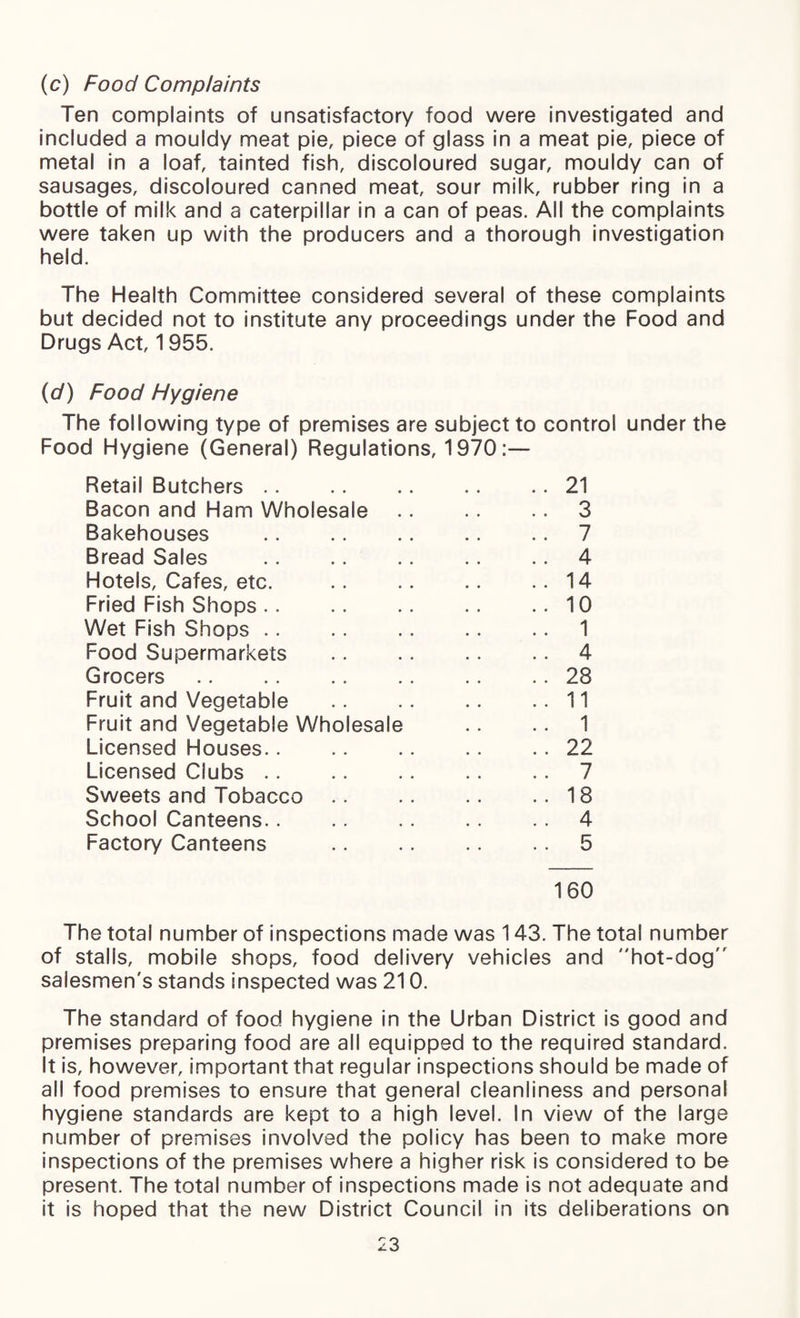 (c) Food Complaints Ten complaints of unsatisfactory food were investigated and included a mouldy meat pie, piece of glass in a meat pie, piece of metal in a loaf, tainted fish, discoloured sugar, mouldy can of sausages, discoloured canned meat, sour milk, rubber ring in a bottle of milk and a caterpillar in a can of peas. All the complaints were taken up with the producers and a thorough investigation held. The Health Committee considered several of these complaints but decided not to institute any proceedings under the Food and Drugs Act, 1955. (d) Food Hygiene The following type of premises are subject to control under the Food Hygiene (General) Regulations, 1970:— Retail Butchers .. .. .. .. .. 21 Bacon and Ham Wholesale.3 Bakehouses . 7 Bread Sales .4 Hotels, Cafes, etc. .14 Fried Fish Shops.10 Wet Fish Shops.1 Food Supermarkets .4 Grocers.28 Fruit and Vegetable .11 Fruit and Vegetable Wholesale .. .. 1 Licensed Houses.22 Licensed Clubs .. .. .. .. .. 7 Sweets and Tobacco .. .. .. ..18 School Canteens.. .. .. .. 4 Factory Canteens .5 160 The total number of inspections made was 143. The total number of stalls, mobile shops, food delivery vehicles and hot-dog salesmen's stands inspected was 210. The standard of food hygiene in the Urban District is good and premises preparing food are all equipped to the required standard. It is, however, important that regular inspections should be made of all food premises to ensure that general cleanliness and personal hygiene standards are kept to a high level. In view of the large number of premises involved the policy has been to make more inspections of the premises where a higher risk is considered to be present. The total number of inspections made is not adequate and it is hoped that the new District Council in its deliberations on