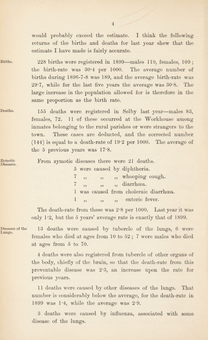 Births. Deaths. Zymotic Diseases Diseases of the Lungs. would probably exceed the estimate. I think the following returns of the births and deaths for last year shew that the estimate I have made is fairly accurate. 228 births were registered in 1899—males 119, females, 109 ; the birth-rate was 30*4 per 1000. The average number of births during 1896-7-8 was 189, and the average birth-rate was 29*7, while for the last live years the average was 30’8. The large increase in the population allowed for is therefore in the same proportion as the birth rate. 155 deaths were registered in Selby last j^ear—males 83, females, 72. 11 of these occurred at the Workhouse among inmates belonging to the rural parishes or were strangers to the town. These cases are deducted, and the corrected number (144) is equal to a death-rate of 19-2 per 1000. The average of the 5 previous years was 17*8. From zymotic diseases there were 21 deaths. 5 were caused by diphtheria. 7 ,, ,, ,, whooping cough. 7 ,, ,, ,, diarrhoea. 1 was caused from choleraic diarrhoea. 1 ,, ,, ,, enteric fever. The death-rate from these was 2*8 per 1000. Last year it was only 1*2, but the 5 years’ average rate is exactly that of 1899. 13 deaths were caused by tubercle of the lungs, 6 were females who died at ages from 10 to 52 ; 7 were males who died at ages from 5 to 70. 4 deaths were also registered from tubercle of other organs of the body, chiefly of the brain, so that the death-rate from this preventable disease was 2’3, an increase upon the rate for previous years. 11 deaths were caused by other diseases of the lungs. That number is considerably below the average, for the death-rate in 1899 was 1’4, while the average was 2-9. 3 deaths were caused by influenza, associated with some disease of the lungs.