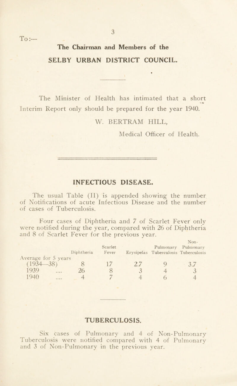 To: The Chairman and Members of the SELBY URBAN DISTRICT COUNCIL. The Minister of Health has intimated that a short M Interim Report only should be prepared for the year 1940. W. BERTRAM HILL, Medical Officer of Health. INFECTIOUS DISEASE. The usual Table (II) is appended showing the number of Notifications of acute Infectious Disease and the number of cases of Tuberculosis. Four cases of Diphtheria and 7 of Scarlet Fever only were notified during the year, compared with 26 of Diphtheria and 8 of Scarlet Fever for the previous year. Non- Vverage for 5 Diphtheria years Scarlet Fever Erysipelas Pulmonary Tuberculosis Pulmonary Tuberculosis (1934- 38) 8 17 2.7 9 3.7 1939 .. 26 8 3 4 3 1940 ., 4 7 4 6 4 TUBERCULOSIS. Six cases of Pulmonary and 4 of Non-Pulmonary Tuberculosis were notified compared with 4 of Pulmonary and 3 of Non-Pulmonarv in the previous year.