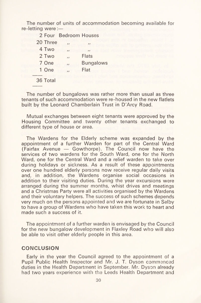 The number of units of accommodation becoming available for re-letting were:— 2 Four Bedroom Houses 20 Three 4 Two 2 Two „ Flats 7 One „ Bungalows 1 One „ Flat 36 Total The number of bungalows was rather more than usual as three tenants of such accommodation were re-housed in the new flatlets built by the Leonard Chamberlain Trust in D'Arcy Road. Mutual exchanges between eight tenants were approved by the Housing Committee and twenty other tenants exchanged to different type of house or area. The Wardens for the Elderly scheme was expanded by the appointment of a further Warden for part of the Central Ward (Fairfax Avenue — Gowthorpe). The Council now have the services of two wardens for the South Ward, one for the North Ward, one for the Central Ward and a relief warden to take over during holidays or sickness. As a result of these appointments over one hundred elderly persons now receive regular daily visits and, in addition, the Wardens organise social occasions in addition to their visiting duties. During the year excursions were arranged during the summer months, whist drives and meetings and a Christmas Party were all activities organised by the Wardens and their voluntary helpers. The success of such schemes depends very much on the persons appointed and we are fortunate in Selby to have a group of Wardens who have taken this work to heart and made such a success of it. The appointment of a further warden is envisaged by the Council for the new bungalow development in Flaxley Road who will also be able to visit other elderly people in this area. CONCLUSSON Early in the year the Council agreed to the appointment of a Pupil Public Health Inspector and Mr. J. T. Dyson commenced duties in the Health Department in September. Mr. Dyson already had two years experience with the Leeds Health Department and