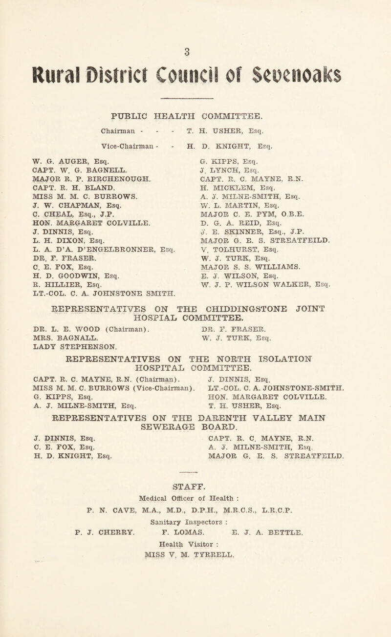 Rural District Council of Seoenoaks PUBLIC HEALTH COMMITTEE. Chairman - T. H. USHER, Esq. Vice-Chairman - W. G. AUGER, Esq. CAPT. W. G. BAGNELL. MAJOR R. P. BIRCHENOUGH. CAPT. R, H. BLAND. MISS M. M. C. BURROWS. J. W. CHAPMAN, Esq. C. CHEAL, Esq., J.P. HON. MARGARET COLVILLE. J. DINNIS, Esq. L. H. DIXON, Esq. L. A. D’A. D’ENGELBRONNER, Esq. DR. F. FRASER. C. E. FOX, Esq. H. D. GOODWIN, Esq. R. HILLIER, Esq. LT.-COL. C. A. JOHNSTONE SMITH. H. D. KNIGHT, Esq. G. KIPPS, Esq. J. LYNCH, Esq. CAPT. R, C. MAYNE, R.N. H. MICKLEM, Esq. A. J. MILNE-SMITH, Esq. W. L. MARTIN, Esq. MAJOR C. E. PYM, O.R.E. D. G. A. REID, Esq. J. E. SKINNER, Esq., J.P. MAJOR G. E. S. STREATFEILD. V. TOLHURST, Esq. W. J. TURK, Esq. MAJOR S. S. WILLIAMS. E. J. WILSON, Esq. W. J. P. WILSON WALKER, Esq. REPRESENTATIVES ON THE CHIHDINGSTONE JOINT HOSPIAL COMMITTEE, DR. L. E. WOOD (Chairman). DR. F. FRASER. MRS. BAGNALL. W. J. TURK, Esq. LADY STEPHENSON. REPRESENTATIVES ON THE NORTH ISOLATION HOSPITAL COMMITTEE. CAPT. R. C. MAYNE, R.N. (Chairman). J. DINNIS, Esq. MISS M. M. C. BURROWS (Vice-Chairman). LT.-COL. C. A. JOHNSTONE-SMITH. G. KIPPS, Esq. HON. MARGARET COLVILLE. A. J. MILNE-SMITH, Esq. T. H. USHER, Esq. REPRESENTATIVES ON THE DARENTH VALLEY MAIN SEWERAGE BOARD. J. DINNIS, Esq. CAPT. R. C. MAYNE, R.N. C. E. FOX, Esq. A. J. MILNE-SMITH, Esq, H. D. KNIGHT, Esq. MAJOR G. E. S. STREATFEILD. STAFF. Medical Officer of Health : P. N. CAVE, M.A., M.D., D.P.H., M.R.C.S., L.R.C.P. Sanitary Inspectors : P. J. CHERRY. F. LOMAS. E. J. A. SETTLE. Health Visitor : MISS V. M. TYRRELL.
