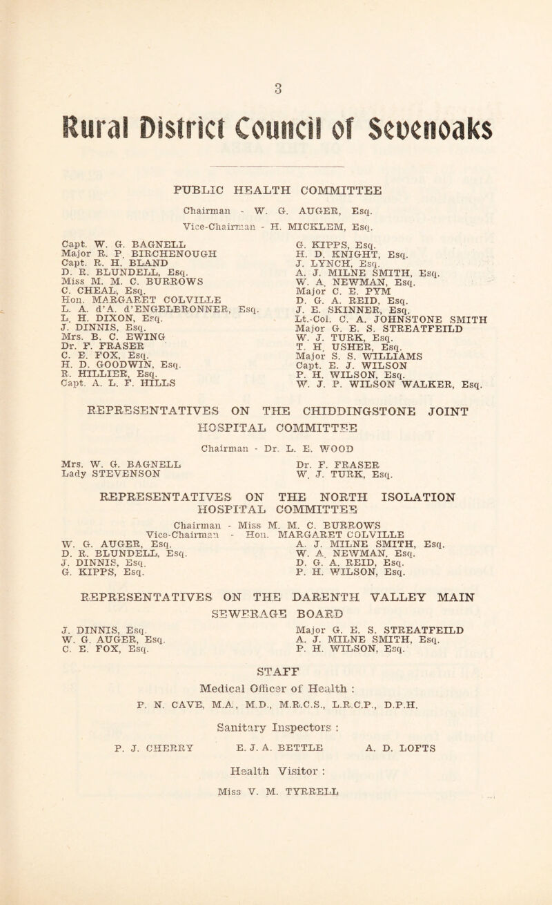 Rural District Council of Seucnoaks PUBLIC HEALTH COMMITTEE Chairman - W. G. AUGER, Esq. Vice-Chairman - H. MICKLEM, Esq. Capt. W. G. BAGNELL Major R. P BIRCHENOUGH Capt. R. H. BLAND D. R. BLUNDELL, Esq. Miss M. M. C. BURROWS C. CHEAL, Esq. Hon. MARGARET COLVILLE L. A. d’A. d’ENGELBRONNER, Esq. L, H. DIXON, Esq. J. DINNIS. Esq. Mrs, B. C. EWING Dr. F. FRASER C. E. FOX, Esq. H. D. GOODWIN, Esq. R. HILLIER, Esq. Capt. A. L. F. HILLS G. KIPPS, Esq. H. D. KNIGHT, Esq. J. LYNCH, Esq. A. J. MILNE SMITH, Esq. W. A NEWMAN, Esq. Major C. E. PYM D. G. A. REID, Esq. J. E. SKINNER, Esq. Lt.-Coi. C. A. JOHNSTONE SMITH Major G. E. S. STREATFEILD W. J. TURK, Esq. T. H USHER, Esq. Major S. S. WILLIAMS Capt. E. J. WILSON P. H. WILSON, Esq. W. J. P. WILSON WALKER, Esq. REPRESENTATIVES ON THE CHIDDXNGSTONE JOINT HOSPITAL COMMITTEE Chairman - Dr. L. E, WOOD Dr. F. FRASER W. J. TURK, Esq. Mrs. W. G. BAGNELL Lady STEVENSON REPRESENTATIVES ON HOSPITAL Chairman - Miss Vice-Chairman W. G. AUGER, Esq. D. R. BLUNDELL, Esq. J. DINNIS, Esq G. KIPPS, Esq. THE NORTH ISOLATION COMMITTEE [. M. C. BURROW'S MARGARET COLVILLE A. J. MILNE SMITH, Esq. W. A NEWMAN. Esq. D. G.'A. REID, Esq. P. II. Y/ILSON, Esq. REPRESENTATIVES ON THE DARENTH VALLEY MAIN SEWERAGE BOARD Major G. E. S. STREATFEILD A. J. MILNE SMITH, Esq. P. H. WILSON, Esq. STAFF Medical Officer of Health : P. N. CAVE, M.A, M.B., M.R.C.S., L.R.C.P., D.P.H. Sanitary Inspectors : P. J. CHERRY E. J. A. SETTLE A. D. LOFTS Health Visitor : Miss V. M. TYRRELL J. DINNIS, Esq. W. G. AUGER, Esq. C. E. FOX, Esq.