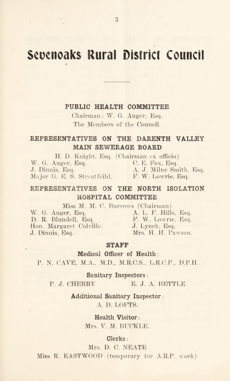 Scuenoaks Rural District Council «» PUBLIC HEALTH COMMITTEE Chairman: W. G. Auger, Esq. The Members of the Council. REPRESENTATIVES ON THE DARENTH VALLEY MAIN SEWERAGE BOARD H. D. Knight, Esq. (Chairman ex officio) W. G. Auger, Esq. C. B. Fox, Esq. J. Dinnis, Esq. A. J. Milne Smith, Eisq. Major G. Ei. S, Streatfeild. F. W. Lowrie, Eisq, REPRESENTATIVES ON THE NORTH ISOLATION HOSPITAL COMMITTEE Miss M. M. C. Burrows (Chairman) W. G. Auger, Eisq. A. L. F. Hills, Eisq. D. R. Blundell, Esq. F. W. Lowrie, Esq. Hon. Margaret Colville. J. Lynch, Esq. J. Dinnis, Eisq. Mrs. H. H. Pawson. STAFF Medical Officer of Health: P. N. CAVE, M.A., M.D., M.R.C.S., Li.R.O.P., D.P.H. Sanitary Inspectors: P. J. CHERRY E. J. A. BETTER Additional Sanitary Inspector: A. D. LOFTS. Health Visitor: Mrs. V. M. BUCKLE. Clerks: Mrs. D. C. NEATL Miss R. EASTWOOD (temporary for A.R.P. work)