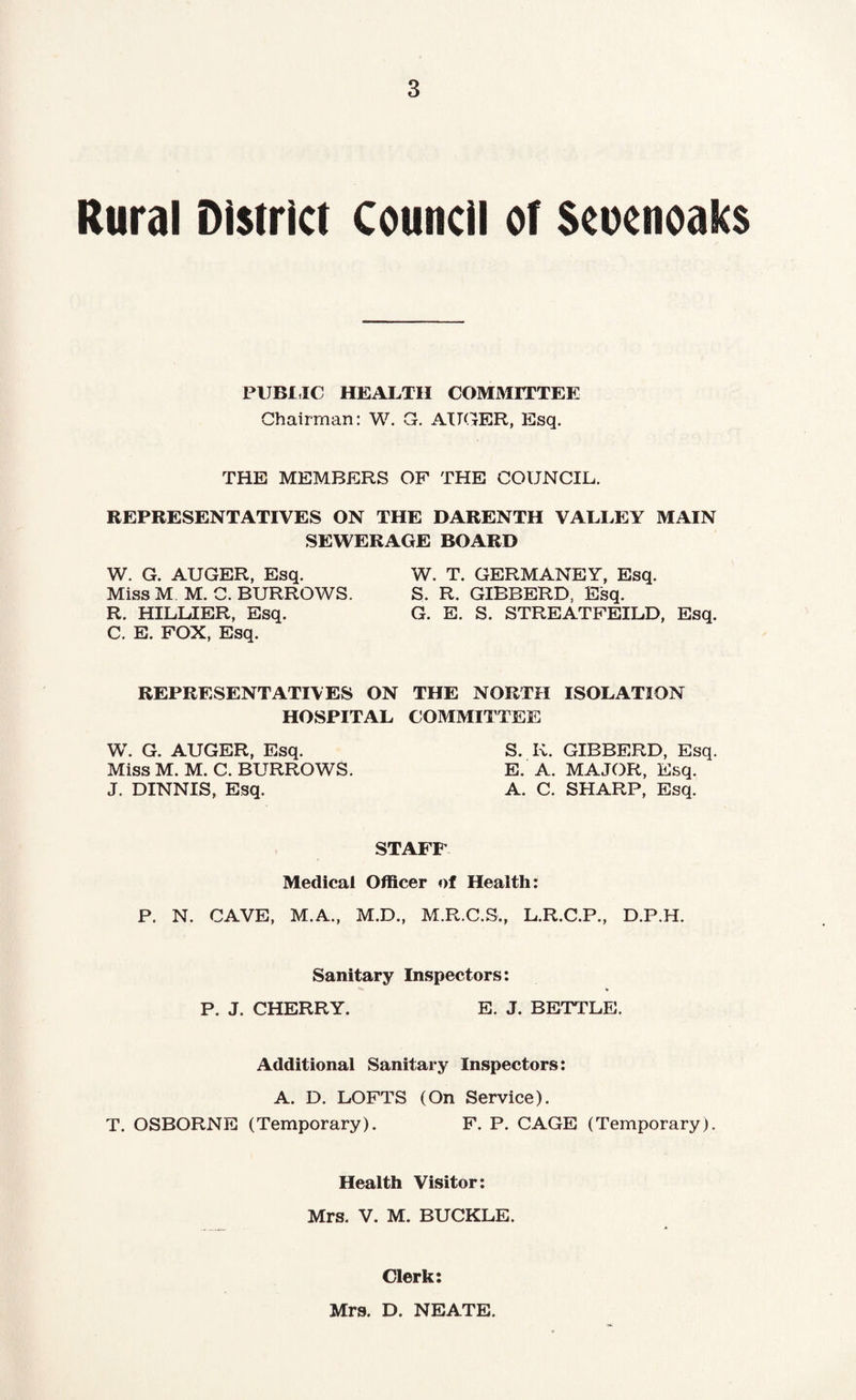 Rural District Council or Scixnoaks PUBLIC HEALTH COMMITTEE Chairman: W. G. AUGER, Esq. THE MEMBERS OF THE COUNCIL. REPRESENTATIVES ON THE DARENTH VALLEY MAIN SEWERAGE BOARD W. G. AUGER, Esq. W. T. GERMANEY, Esq. Miss M M. C. BURROWS. S. R. GIBBERD, Esq. R. HILLIER, Esq. G. E. S. STREATFEILD, Esq. C. E. FOX, Esq. REPRESENTATIVES ON THE NORTH ISOLATION HOSPITAL COMMITTEE W. G. AUGER, Esq. Miss M. M. C. BURROWS. J. DINNIS, Esq. S. K. GIBBERD, Esq. E. A. MAJOR, Esq. A. C. SHARP, Esq. STAFF Medical Officer of Health: P. N. CAVE, M.A., M.D., M.R.C.S., L.R.C.P., D.P.H. Sanitary Inspectors: P. J. CHERRY. E. J. BETTLE. Additional Sanitary Inspectors: A. D. LOFTS (On Service). T. OSBORNE (Temporary). F. P. CAGE (Temporary). Health Visitor: Mrs. V. M. BUCKLE. Clerk: Mrs. D. NEATE.