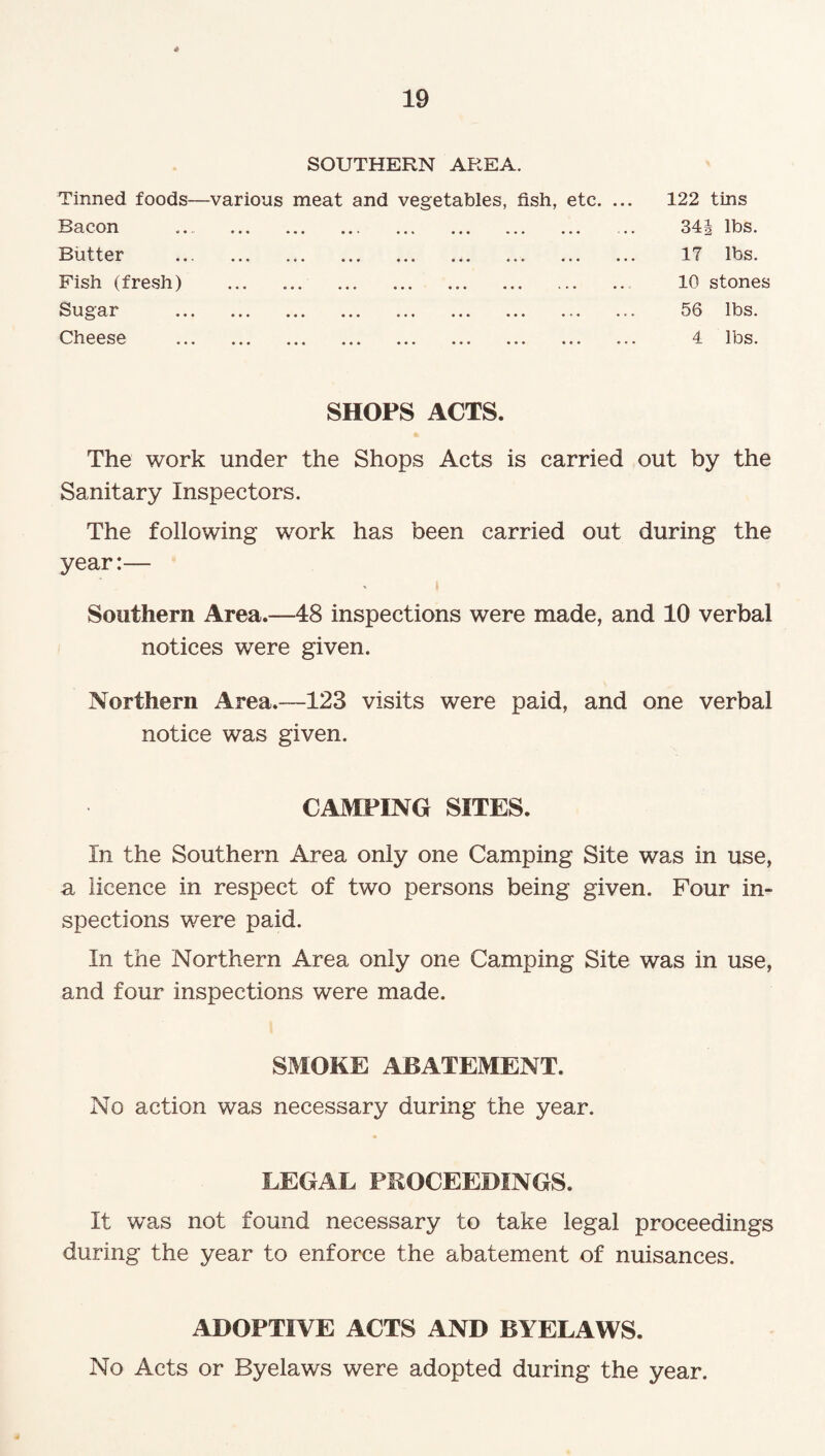 4 19 SOUTHERN AREA. Tinned foods—various meat and vegetables, fish, etc. ... 122 tins i^3,C011 .«- ... ... ..* ... ... ... ... 34: | lbs. Butter -*—* V. V V x ... ... ... ... ... ... ... ... ... 17 lbs. Fish (fresh) . . 10 stones 9,1 ... ... ... ... ... ... ... • • . *r. 56 lbs. Cheese ... ... ... ... ... ... ... ... . • • 4 lbs. SHOPS ACTS. The work under the Shops Acts is carried out by the Sanitary Inspectors. The following work has been carried out during the year:— Southern Area.—48 inspections were made, and 10 verbal notices were given. Northern Area.—123 visits were paid, and one verbal notice was given. CAMPING SITES. In the Southern Area only one Camping Site was in use, a licence in respect of two persons being given. Four in¬ spections were paid. In the Northern Area only one Camping Site was in use, and four inspections were made. SMOKE ABATEMENT. No action was necessary during the year. LEGAL PROCEEDINGS. It wTas not found necessary to take legal proceedings during the year to enforce the abatement of nuisances. ADOPTIVE ACTS AND BYELAWS. No Acts or Byelaws were adopted during the year.
