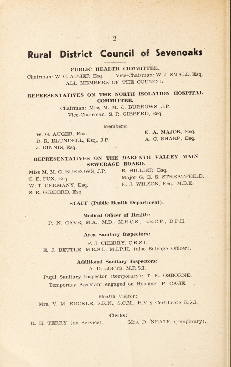 Rural District Council of Sevenoaks PUBLIC HEALTH COMMITTEE. Chairman: W. G. AUGER, Esq. Vice-Chairman: W. J. SMALL, Esq. ALL MEMBERS OF THE COUNCIL. REPRESENTATIVES ON THE NORTH ISOLATION HOSPITAL COMMITTEE. Chairman: Miss M. M. C. BURROWS, J.P. Vice-Chairman: S. R. GIBBERD, Esq. Members: W. G. AUGER, Esq. D. R. BLUNDELL, Esq., J.P. J. DINNIS, Esq. E. A. MAJOR, Esq. A. C. SHARP, Esq. REPRESENTATIVES ON THE DARENTH VALLEY MAIN SEWERAGE BOARD. Miss M. M. C. BURROWS, J.P. C. E. FOX, Esq. W. T. GERMANY, Esq. S. R. GIBBERD, Esq. R. HILLIER, Esq. Major G. E. S. STREATFEILD. E. J. WILSON, Esq., M.B.E. STAFF (Public Health Department). Medical Officer of Health: P. N. CAVE, M.A., M.D., M.R.C.S., L.R.C.P., D.P.H. Area Sanitary Inspectors: P. J. CHERRY, C.R.S.I. E. J. BETTLE, M.R.S.I., M.I.P.H. (also Salvage Officer). Additional Sanitary Inspectors: A. D. LOFTS, M.R.S.I. Pupil Sanitary Inspector (temporary): T. E. OSBORNE. Temporary Assistant engaged on Housing: P. CAGE. Health Visitor: Mrs. V. M. BUCKLE, S.R.N., S.C.M., H.V.’s Certificate R.S.I. Clerks: R. H. TERRY (on Service). Mrs. D, NEATE (temporary).