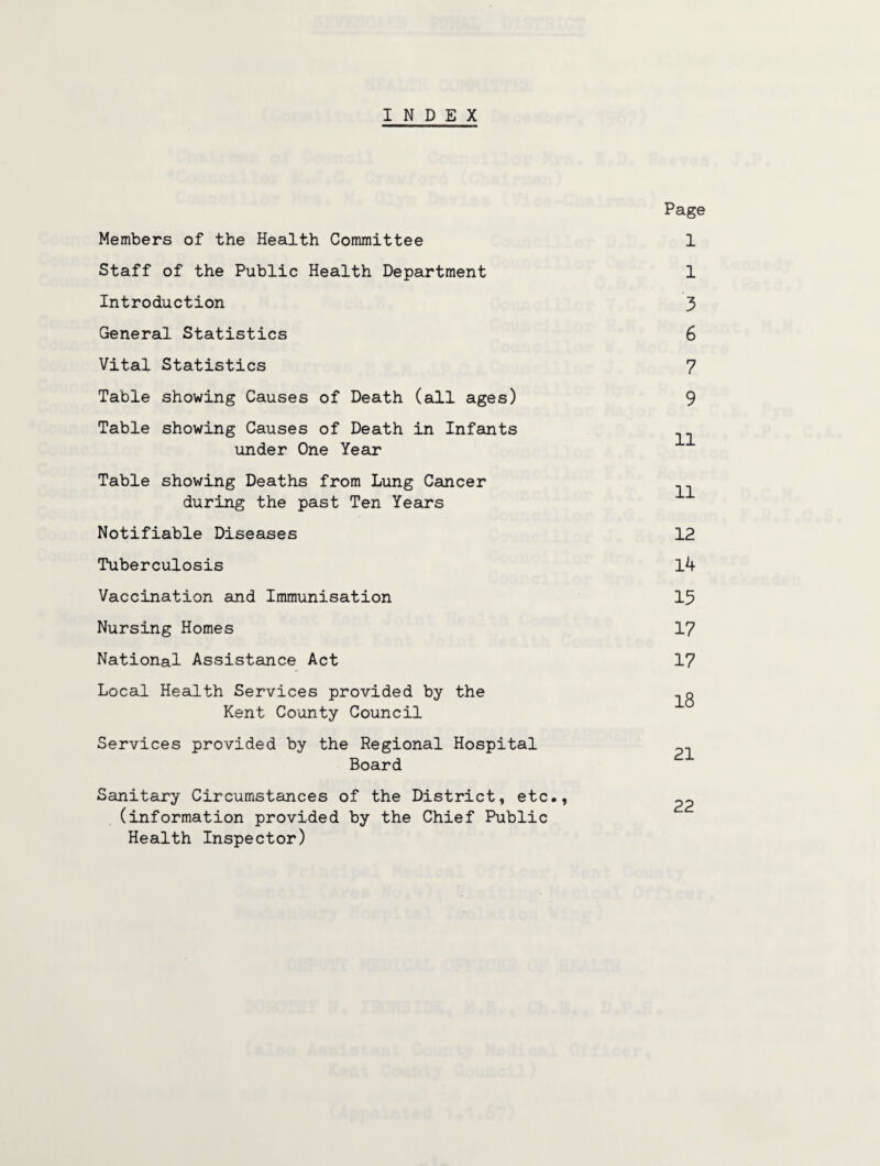 INDEX Members of the Health Committee Staff of the Public Health Department Introduction General Statistics Vital Statistics Table showing Causes of Death (all ages) Table showing Causes of Death in Infants under One Year Table showing Deaths from Lung Cancer during the past Ten Years Notifiable Diseases Tuberculosis Vaccination and Immunisation Nursing Homes National Assistance Act Local Health Services provided by the Kent County Council Services provided by the Regional Hospital Board Sanitary Circumstances of the District, etc., (information provided by the Chief Public Health Inspector) Page 1 1 3 6 7 9 11 11 12 Ik 15 17 17 18 21 22