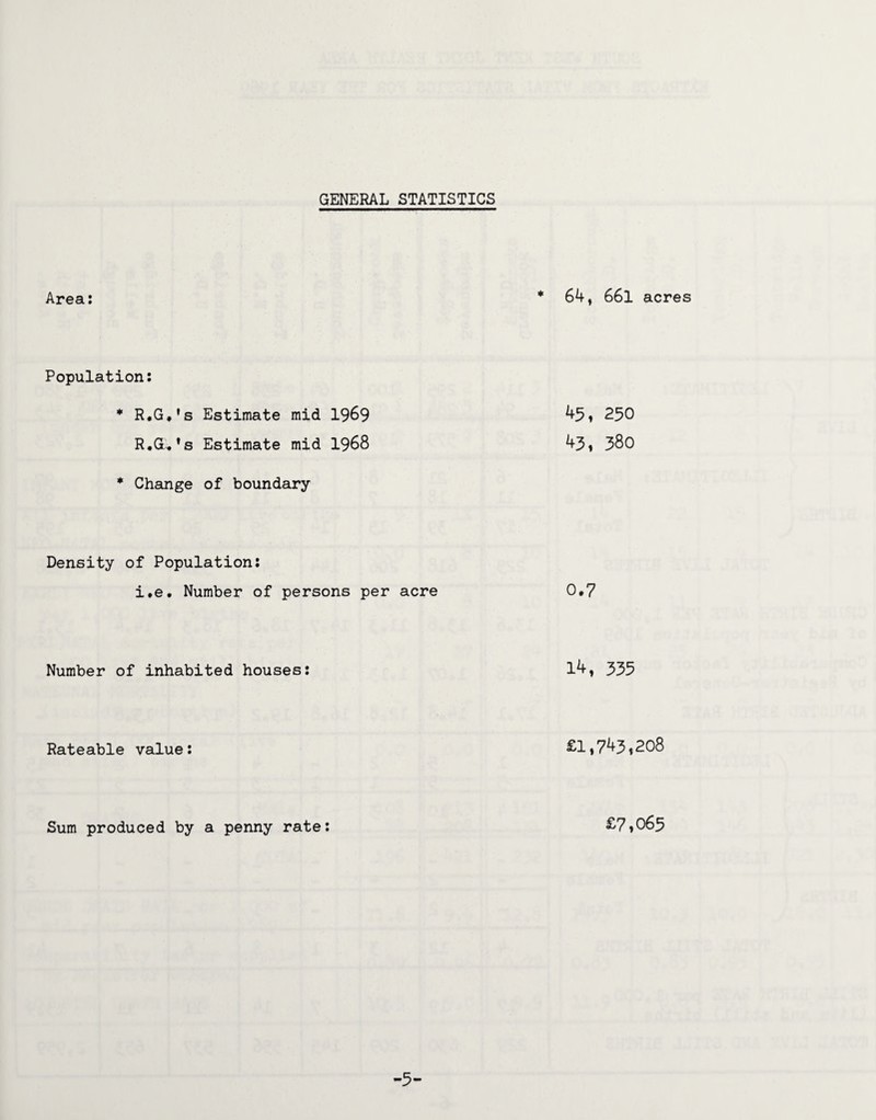 GENERAL STATISTICS Area: * 64, 66l acres Population: * R.G.'s Estimate mid 1969 R.G.*s Estimate mid 1968 45, 250 43, 380 * Change of boundary Density of Population: i.e. Number of persons per acre 0.7 Number of inhabited houses: 14, 335 Rateable value: £1,743,208 Sum produced by a penny rate: £7,065 -5-