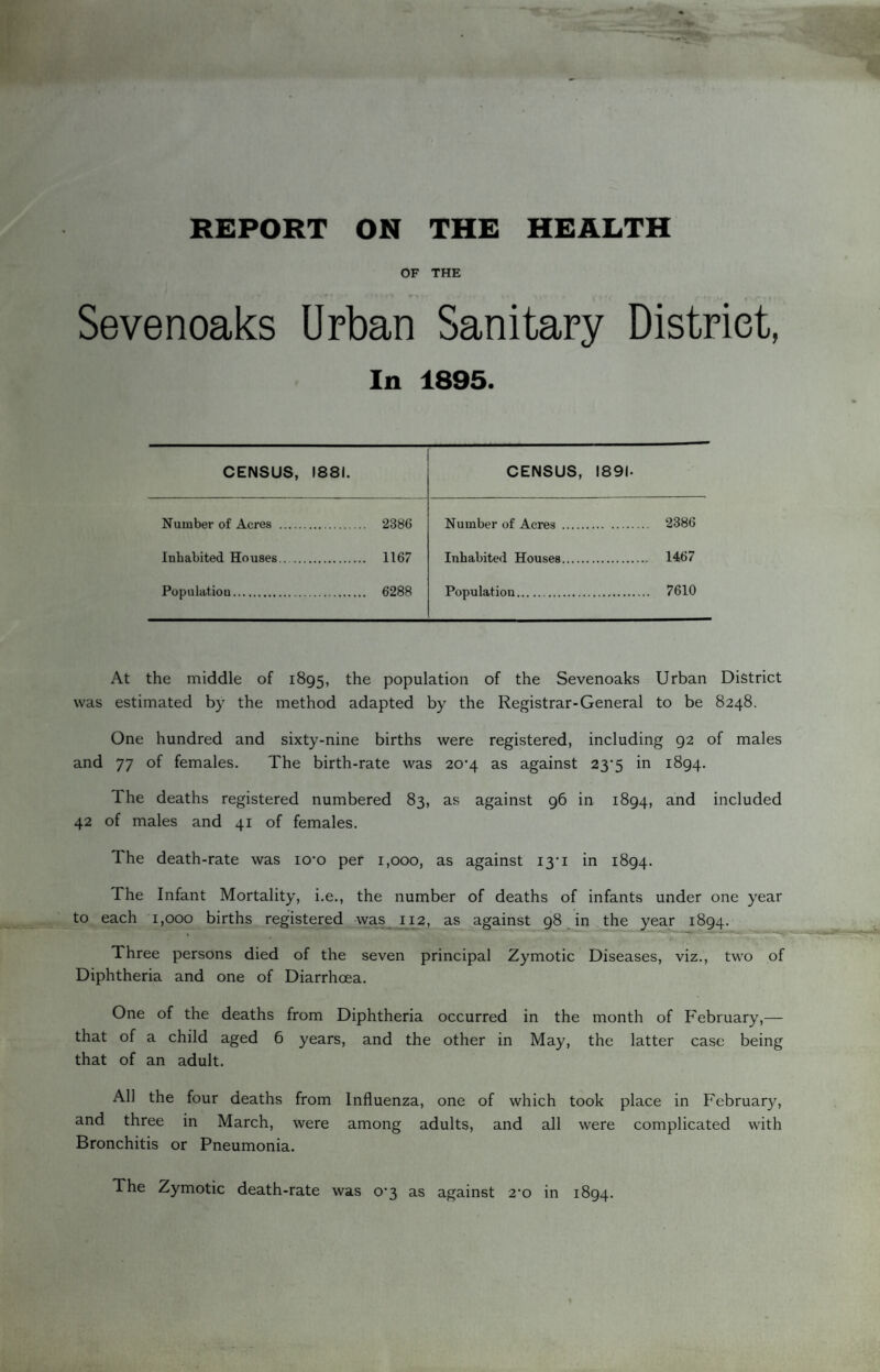 REPORT ON THE HEALTH OF THE Sevenoaks Urban Sanitary District, In 1895. CENSUS, 1881. CENSUS, 1891. Number of Acres . 2386 Number of Acres . 2386 Inhabited Houses. 1167 Inhabited Houses. 1467 Population. 6288 Population. 7610 At the middle of 1895, the population of the Sevenoaks Urban District was estimated by the method adapted by the Registrar-General to be 8248. One hundred and sixty-nine births were registered, including 92 of males and 77 of females. The birth-rate was 20*4 as against 23’5 in 1894. The deaths registered numbered 83, as against 96 in 1894, and included 42 of males and 41 of females. The death-rate was lo-o per 1,000, as against 13-1 in 1894. The Infant Mortality, i.e., the number of deaths of infants under one year to each 1,000 births registered was 112, as against 98 ^in the year 1894. Three persons died of the seven principal Zymotic Diseases, viz., two of Diphtheria and one of Diarrhoea. One of the deaths from Diphtheria occurred in the month of February,— that of a child aged 6 years, and the other in May, the latter case being that of an adult. All the four deaths from Influenza, one of which took place in February, and three in March, were among adults, and all were complicated with Bronchitis or Pneumonia. The Zymotic death-rate was 0*3 as against 2*0 in 1894.
