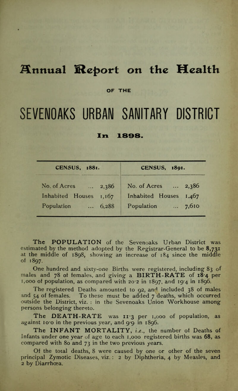 Sinnual Slet>ort on the Health OF THE SEVENOAKS URBAN SANITARY DISTRICT In 1898. CENSUS, 1881. CENSUS, 1891 No. of Acres 2,386 No. of Acres 2,386 Inhabited Houses 1,167 Inhabited Houses 1.467 Population 6,288 Population 7,610 The POPULATION of the Sevenoaks Urban District was estimated by the method adopted by the Registrar-General to be 8,731 at the middle of 1898, showing an increase of 184 since the middle of 1897. One hundred and sixty-one Births were registered, including 83 of males and 78 of females, and giving a BIRTH-RATE of 18-4 per 1,000 of population, as compared with 20 2 in 1897, and 19-4 in 1896. The registered Deaths amounted to 92, and included 38 of males and 54 of females. To these must be added 7 deaths, which occurred outside the District, viz. : in the Sevenoaks Union Workhouse among persons belonging thereto. The DEATH-RATE was 11-3 per 1,000 of population, as against io‘o in the previous year, and 9-9 in 1896. The INFANT MORTALITY, i.e., the number of Deaths of Infants under one year of age to each 1,000 registered births was 68, as compared with 80 and 73 in the two previous years. Of the total deaths, 8 were caused by one or other of the seven principal Zymotic Diseases, viz.: 2 by Diphtheria, 4 by Measles, and 2 by Diarrhoea.
