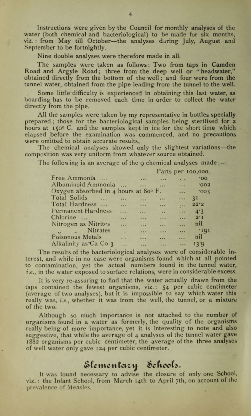 Instructions were given by the Council for monthly analyses of the water (both chemical and bacteriological) to be made for six months, viz.: from May till October—the analyses djring July, August and September to be fortnightly. Nine double analyses were therefore made in all. The samples were taken as follows: Two from taps in Camden Road and Argyle Road; three from the deep well or “ headwater,” obtained directly from the bottom of the well; and four were from the tunnel water, obtained from the pipe leading from the tunnel to the well. Some little difficulty is experienced in obtaining this last water, as boarding has to be removed each time in order to collect the water directly from the pipe. All the samples were taken by my representative in bottles specially prepared; those for the bacteriological samples being sterilised for 2 hours at 150° C. and the samples kept in ice for the short time which elapsed before the examination was commenced, and no precautions were omitted to obtain accurate results. The chemical analyses showed only the slightest variations—the composition was very uniform from whatever source obtained. The following is an average of the 9 chemical analyses made: — Parts per 100,000. Free Ammonia .. . . -oo Albuminoid Ammonia ... •002 Oxygen absorbed in 4 hours at 80° F. •003 Total Solids ... 31 Total Hardness ... ... 22’2 Permanent Hardness ... 4-3 Chlorine ... 2-1 Nitrogen as Nitrites nil „ „ Nitrates Poisonous Metals Alkalinity asOa Co 3 •191 nil 13-9 The results of the bacteriological analyses were of considerable in¬ terest, and while in no case were organisms found which at all pointed to contamination, yet the actual numbers found in the tunnel water, i.e., in the water exposed to surface relations, were in considerable excess. It is very re-assuring to find that the water actually drawn from the taps contained the fewest organisms, viz.: 54 per cubic centimeter (average of two analyses), but it is impossible to say which water this really was, i.e., whether it was from the well, the tunnel, or a mixture of the two. Although so much importance is not attached to the number of organisms found in a water as formerly, the quality of the organisms really being of more importance, yet it is interesting to note and also suggestive, that while the average of 4 analyses of the tunnel water gave 1S82 organisms per cubic centimeter, the average of the three analyses of well water only gave 124 per cubic centimeter. It was found necessary to advise the closure of only one School, viz.: the Infant School, from March 14th to April 7th, on account of the prevalence of .Measles.