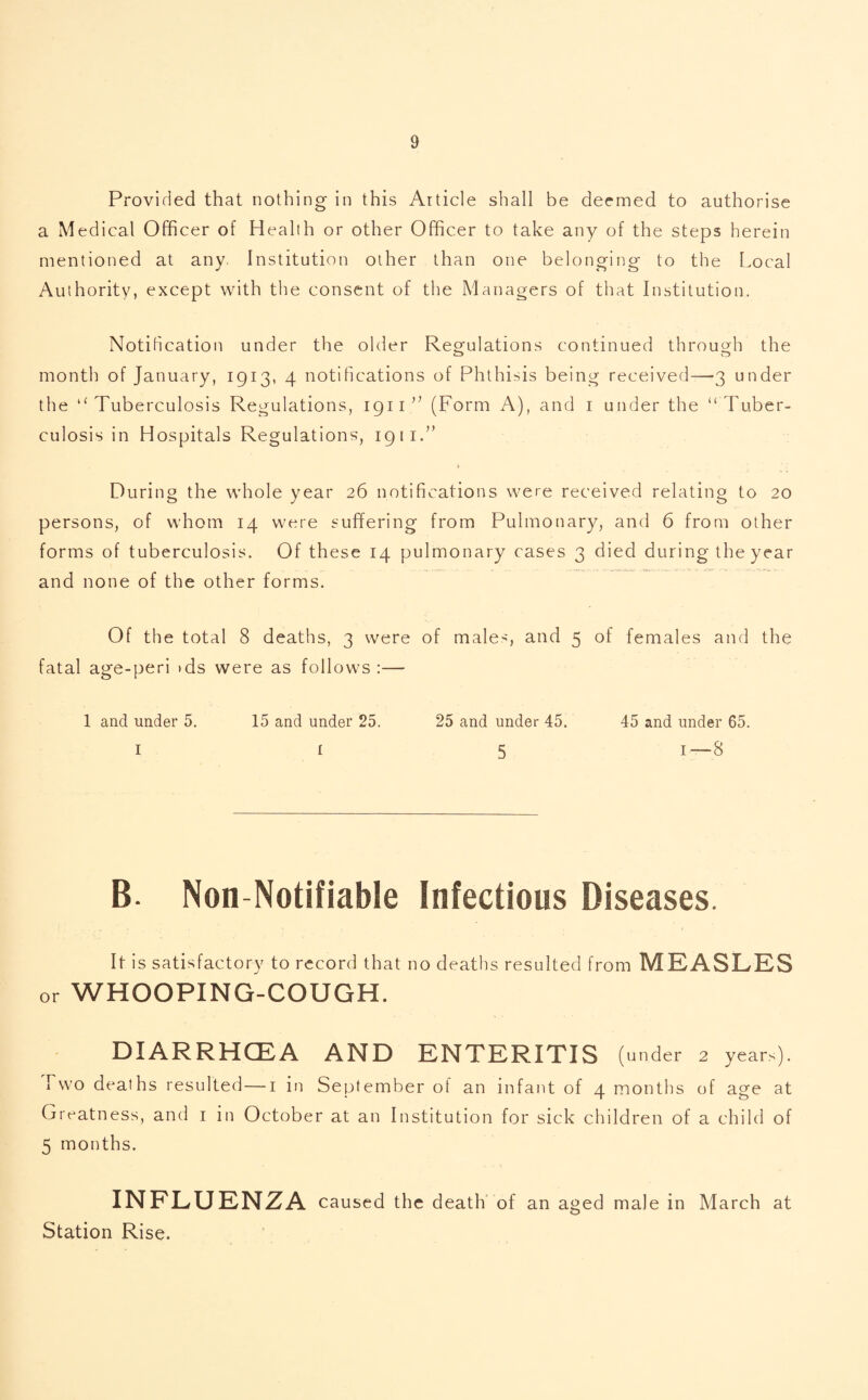 Provided that nothing in this Article shall be deemed to authorise a Medical Officer of Health or other Officer to take any of the steps herein mentioned at any. Institution other than one belonging to the Local Authority, except with the consent of the Managers of that Institution. Notification under the older Regulations continued through the month of January, 1913, 4 notifications of Phthisis being received—3 under the “ Tuberculosis Regulations, 1911” (Form A), and 1 under the “ Tuber¬ culosis in Hospitals Regulations, 1911.” During the whole year 26 notifications were received relating to 20 persons, of whom 14 were suffering from Pulmonary, and 6 from other forms of tuberculosis. Of these 14 pulmonary cases 3 died during the year and none of the other forms. Of the total 8 deaths, 3 were of males, and 5 of females and the fatal age-peri ids were as follows :— 1 and under 5. 15 and under 25. 25 and under 45. 45 and under 65. 1 i 5 1—8 B. Non-Notifiable Infectious Diseases. If is satisfactory to record that no deaths resulted from MEASLES or WHOOPING-COUGH. DIARRHOEA AND ENTERITIS (under 2 years). Two deaths resulted—1 in September of an infant of 4 months of age at Greatness, and 1 in October at an Institution for sick children of a child of 5 months. INFLUENZA caused the death of an aged male in March at Station Rise.