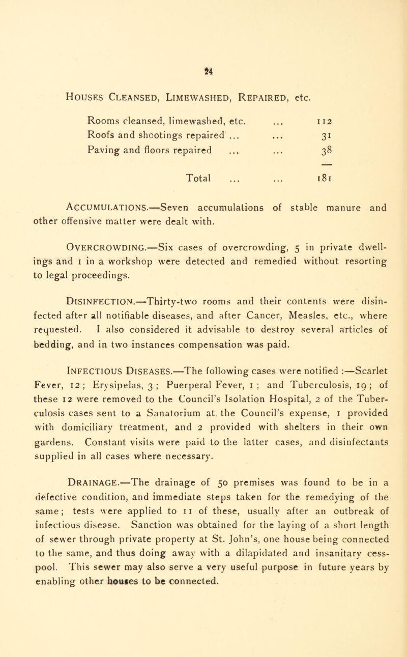 Houses Cleansed, Limewashed, Repaired, etc. Rooms cleansed, limewashed, etc. • • • 112 Roofs and shootings repaired ... • « • 31 Paving and floors repaired • • • 38 Total • • • 181 ACCUMULATIONS.—Seven accumulations of stable manure and other offensive matter were dealt with. OVERCROWDING.—Six cases of overcrowding, 5 in private dwell¬ ings and i in a workshop were detected and remedied without resorting to legal proceedings. DISINFECTION.—Thirty-two rooms and their contents were disin¬ fected after all notifiable diseases, and after Cancer, Measles, etc., where requested. I also considered it advisable to destroy several articles of bedding, and in two instances compensation was paid. INFECTIOUS Diseases.—The following cases were notified :—Scarlet Fever, 12 ; Erysipelas, 3 ; Puerperal Fever, 1 ; and Tuberculosis, 19 ; of these 12 were removed to the Council’s Isolation Hospital, 2 of the Tuber¬ culosis cases sent to a Sanatorium at the Council’s expense, 1 provided with domiciliary treatment, and 2 provided with shelters in their own gardens. Constant visits were paid to the latter cases, and disinfectants supplied in all cases where necessary. DRAINAGE.—The drainage of 50 premises was found to be in a defective condition, and immediate steps taken for the remedying of the same; tests were applied to 11 of these, usually after an outbreak of infectious disease. Sanction was obtained for the laying of a short length of sewer through private property at St. John’s, one house being connected to the same, and thus doing away with a dilapidated and insanitary cess¬ pool. This sewer may also serve a very useful purpose in future years by enabling other houses to be connected.