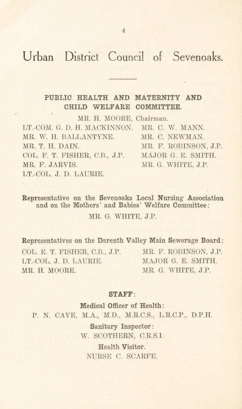 Urban District Council of Sevenoaks. PUBLIC HEALTH AND MATERNITY AND CHILD WELFARE COMMITTEE. MR. H. MOORE, Chairman. LT.-COM. G. D. H. MACKINNON. MR. C. W. MANN. MR, W. H. BALL ANT YNE. MR. T. H. DAIN. COL. F. T. FISHER, C.B., J.P. MR, F. JARVIS. LT.-COL. J. D. LAURIE. MR. C. NEWMAN. MR. F. ROBINSON, J.P. MAJOR G. E. SMITH. MR. G. WHITE, J.P. Representative on the Sevenoaks Local Nursing' Association and on the Mothers’ and Babies’ Welfare Committee: MR, G. WHITE, J.P. Representatives on the Darenth Valley Main Sewerage Board: COL. E. T. FISHER, C.B., J.P. MR, F. ROBINSON, J.P. LT.-COL. J. D. LAURIE. MAJOR G. E. SMITH. MR. H. MOORE. MR. G. WHITE, J.P. STAFF: Medical Officer of Health: P. N. CAVE, M.A., M.D., M.R.C.S., L.R.C.P, D.P.H. Sanitary Inspector: W. SCOTHERN, C.R.S.I. Health Visitor. NURSE 0. SCARFE.