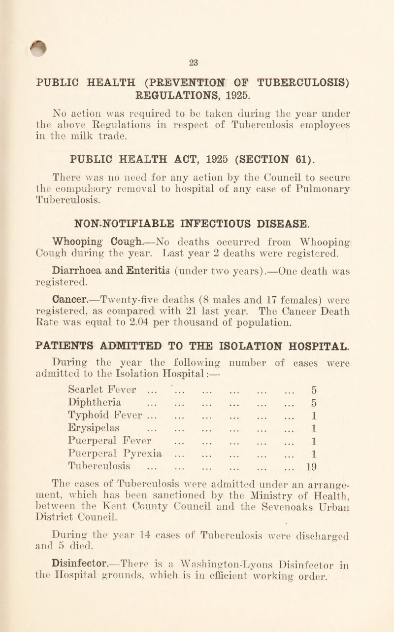 PUBLIC HEALTH (PREVENTION OF TUBERCULOSIS) REGULATIONS, 1925. No action was required to be taken during the year under the above Regulations in respect of Tuberculosis employees in the milk trade. PUBLIC HEALTH ACT, 1925 (SECTION 61). There was no need for any action by the Council to secure the compulsory removal to hospital of any case of Pulmonary Tuberculosis. NON-NOTIFIABLE INFECTIOUS DISEASE. Whooping Cough.—No deaths occurred from Whooping Cough during the year. Last year 2 deaths were registered. Diarrhoea and Enteritis (under two years).—One death was registered. Cancer.—Twenty-five deaths (8 males and 17 females) were registered, as compared with 21 last year. The Cancer Death Rate was equal to 2.04 per thousand of population. PATIENTS ADMITTED TO THE ISOLATION HOSPITAL. During the year the following number of admitted to the Isolation Hospital:— Scarlet Fever ... Diphtheria ... Typhoid Fever ... . Erysipelas . Puerperal Fever . Puerperal Pyrexia . Tuberculosis . cases . 5 . 5 . 1 . 1 . 1 . 1 . 19 were The cases of Tuberculosis were admitted under an arrange¬ ment, which has been sanctioned by the Ministry of Health, between the Kent County Council and the Sevenoaks Urban District Council. During the year 14 cases of Tuberculosis were discharged and 5 died. Disinfector.—There is a Washington-Lyons Disinfector in the Hospital grounds, which is in efficient working order.