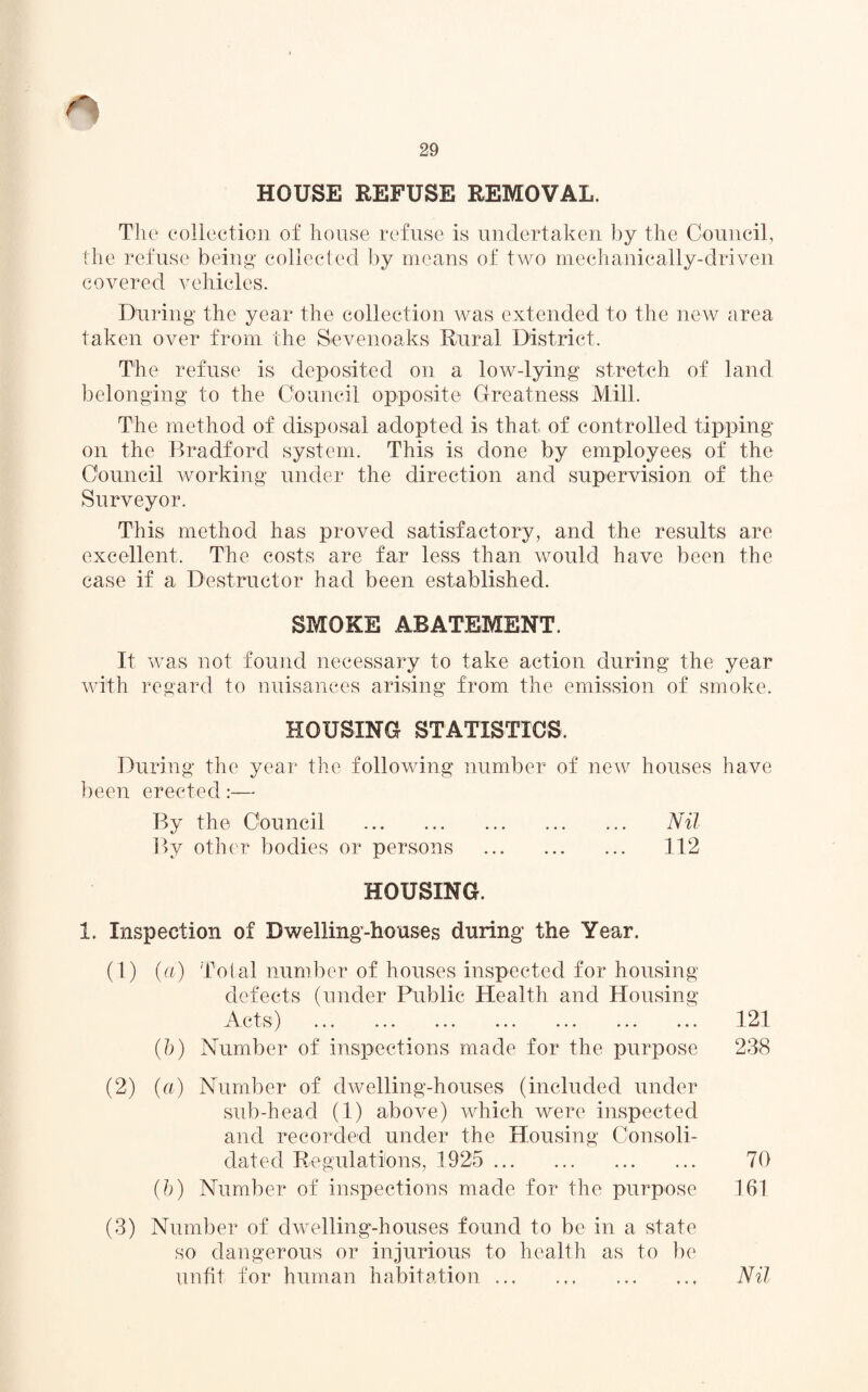 HOUSE REFUSE REMOVAL. The collection of house refuse is undertaken by the Council, the refuse being* collected by means of two mechanically-driven covered vehicles. During* the year the collection was extended to the new area taken over from the Sevenoaks Rural District. The refuse is deposited on a low-lying stretch of land belonging to the Council opposite Greatness Mill. The method of disposal adopted is that of controlled tipping on the Bradford system. This is done by employees of the Council working under the direction and supervision of the Surveyor. This method has proved satisfactory, and the results are excellent. The costs are far less than would have been the case if a Destructor had been established. SMOKE ABATEMENT. It was not found necessary to take action during the year with regard to nuisances arising from the emission of smoke. HOUSING STATISTICS. During the year the following number of new houses have been erected:— By the Council . Nil By other bodies or persons . 112 HOUSING. 1. Inspection of Dwelling-houses during the Year. (1) (a) Total number of houses inspected for housing defects (under Public Health and Housing A pfoA x j ••• ••• ••• ••• • • • ••• ••• (b) Number of inspections made for the purpose (2) (a) Number of dwelling-houses (included under sub-head (1) above) which were inspected and recorded under the Housing Consoli¬ dated Regulations, 1925 . (b) Number of inspections made for the purpose (3) Number of dwelling-houses found to be in a state so dangerous or injurious to health as to be unfit for human habitation. 121 70 161 Nil