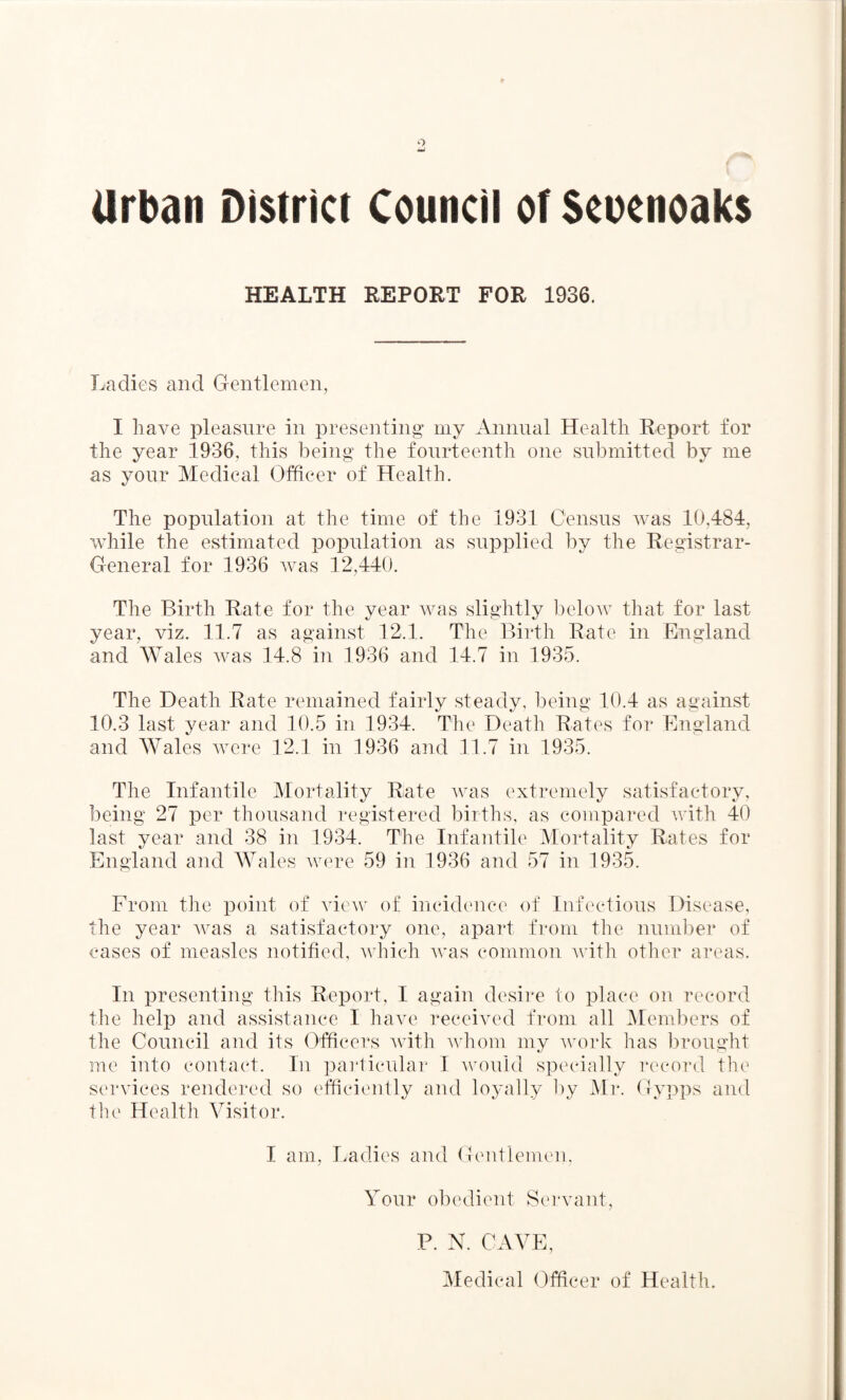 HEALTH REPORT FOR 1936. Ladies and Gentlemen, I have pleasure in presenting* my Annual Health Report for the year 1936. this being the fourteenth one submitted by me as your Medical Officer of Health. The population at the time of the 1931 Census was 10.484, while the estimated population as supplied by the Registrar- General for 1936 was 12,440. The Birth Rate for the year was slightly below that for last year, viz. 11.7 as against 12.1. The Birth Rate in England and Wales was 14.8 in 1936 and 14.7 in 1935. The Death Rate remained fairly steady, being 10.4 as against 10.3 last year and 10.5 in 1934. The Death Rates for England and Wales were 12.1 in 1936 and 11.7 in 1935. The Infantile Mortality Rate was extremely satisfactory, being 27 per thousand registered births, as compared with 40 last year and 38 in 1934. The Infantile Mortality Rates for England and Wales were 59 in 1936 and 57 in 1935. From the point of view of incidence of Infectious Disease, the year was a satisfactory one, apart from the number of cases of measles notified, which was common with other areas. In presenting this Report, I again desire to place on record the help and assistance I have received from all Members of the Council and its Officers with whom my work has brought me into contact. In particular I would specially record the services rendered so efficiently and loyally by Mr. Gypps and the Health Visitor. I am, Ladies and Gentlemen, Your obedient Servant, P. N. CAVE, Medical Officer of Health.