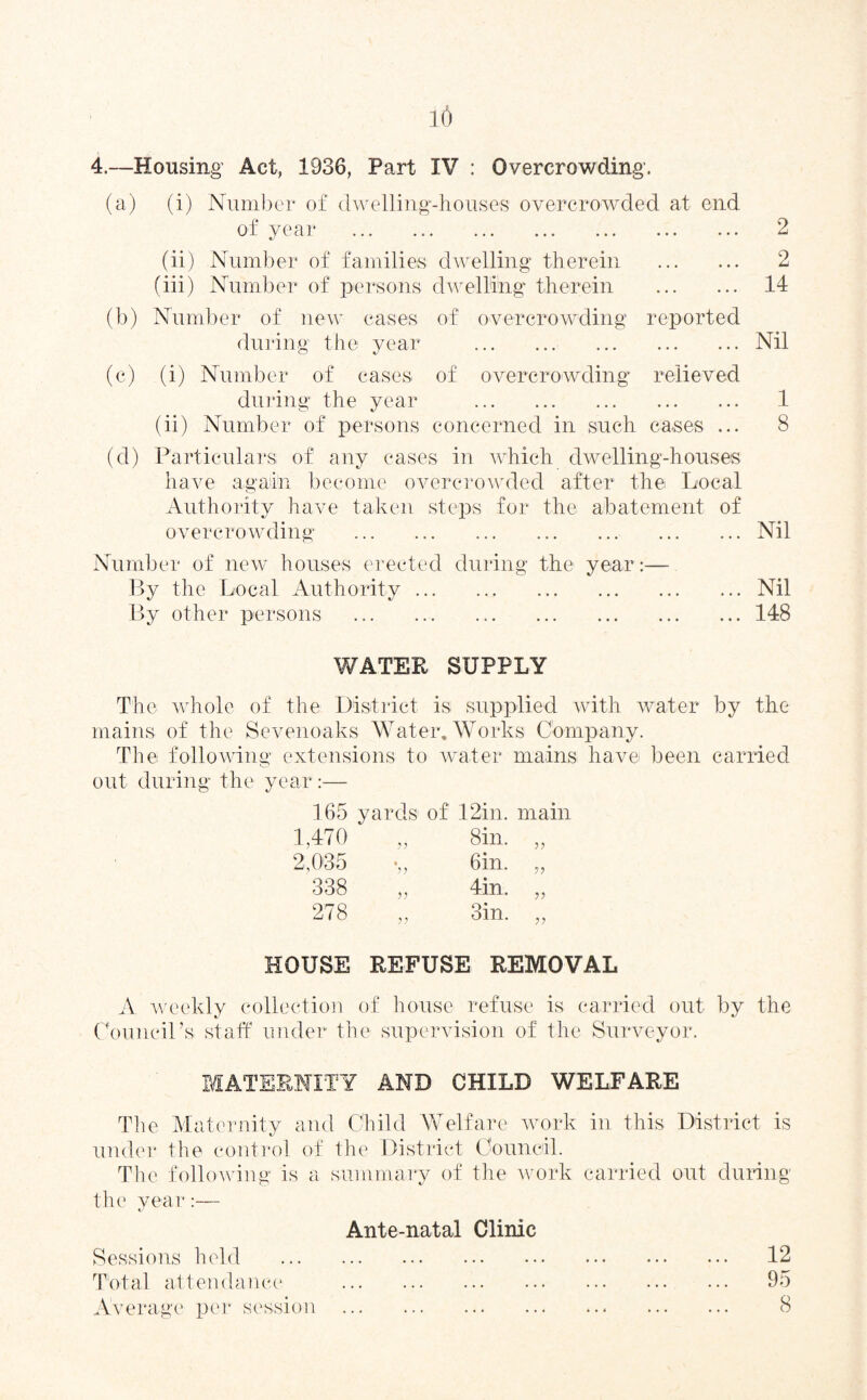 16 4.—Housing’ Act, 1936, Part IV : Overcrowding. (a) (i) Number of dwelling-houses overcrowded at end of year . 2 (ii) Number of families dwelling therein . 2 (iii) Number of persons dwelling therein . 14 (b) Number of new cases of overcrowding reported during the year .Nil (c) (i) Number of cases of overcrowding relieved during the year . 1 (ii) Number of persons concerned in such cases ... 8 (d) Particulars of any cases in which dwelling-houses have again become overcrowded after the Local Authority have taken steps for the abatement of overcrowding .Nil Number of new houses erected during the year :— By the Local Authority.Nil By other persons . 148 WATER SUPPLY The whole of the District is supplied with water by the mains of the Sevenoaks Water, Works Company. The following extensions to water mains have been carried out during the year :— 165 yards of 12in. main 1,470 ‘ 2,035 338 278 HOUSE REFUSE REMOVAL A. weekly collection of house refuse is carried out by the Council's staff under the supervision of the Surveyor. Sin. Gin. 4in. 3in. 5? 'll 11 11 MATERNITY AND CHILD WELFARE The Maternity and Child Welfare work in this District is under the control of the District Council. The following is a summary of the work carried out during the year:— Ante-natal Clinic Sessions held . 12 Total attendance . 95 Average per session . 8