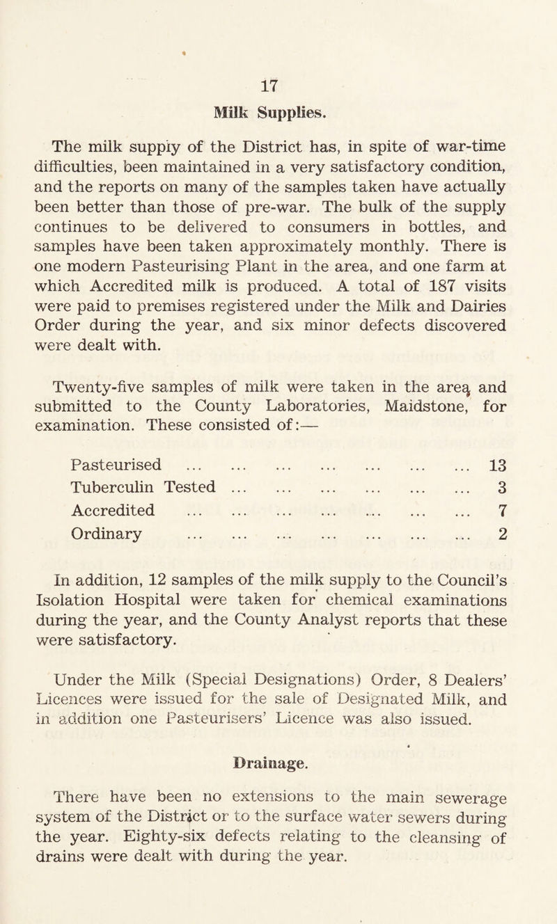 * 17 Milk Supplies. The milk supply of the District has, in spite of war-time difficulties, been maintained in a very satisfactory condition, and the reports on many of the samples taken have actually been better than those of pre-war. The bulk of the supply continues to be delivered to consumers in bottles, and samples have been taken approximately monthly. There is one modern Pasteurising Plant in the area, and one farm at which Accredited milk is produced. A total of 187 visits were paid to premises registered under the Milk and Dairies Order during the year, and six minor defects discovered were dealt with. Twenty-five samples of milk were taken in the are^ and submitted to the County Laboratories, Maidstone, for examination. These consisted of:— Pasteurised . 13 Tuberculin Tested. 3 Accredited . 7 Ordinary . 2 In addition, 12 samples of the milk supply to the Council’s Isolation Hospital were taken for chemical examinations during the year, and the County Analyst reports that these were satisfactory. Under the Milk (Special Designations) Order, 8 Dealers’ Licences were issued for the sale of Designated Milk, and in addition one Pasteurisers’ Licence was also issued. « Drainage. There have been no extensions to the main sewerage system of the District or to the surface water sewers during the year. Eighty-six defects relating to the cleansing of drains were dealt with during the year.