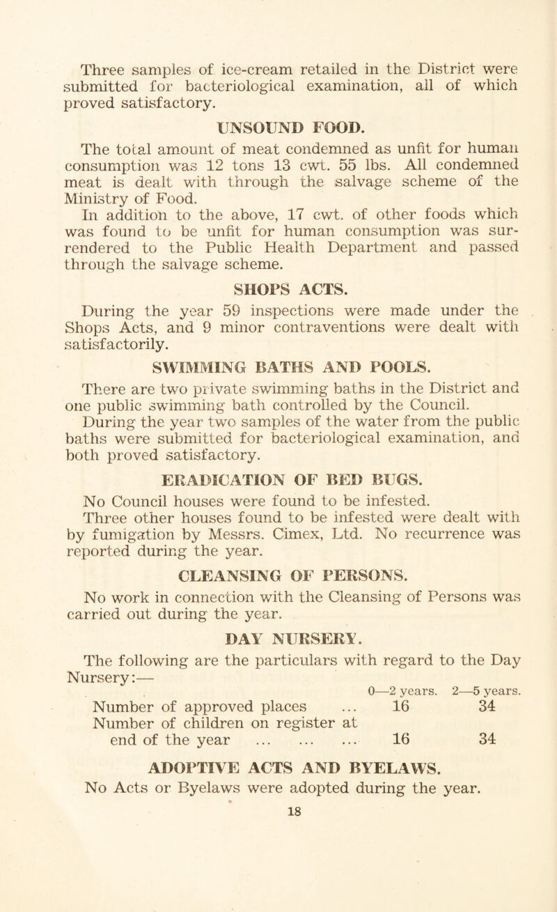 Three samples of ice-cream retailed in the District were submitted for bacteriological examination, all of which proved satisfactory. UNSOUND FOOD. The total amount of meat condemned as unfit for human consumption was 12 tons 13 cwt. 55 lbs. All condemned meat is dealt with through the salvage scheme of the Ministry of Food. In addition to the above, 17 cwt. of other foods which was found to be unfit for human consumption was sur¬ rendered to the Public Health Department and passed through the salvage scheme. SHOPS ACTS. During the year 59 inspections were made under the Shops Acts, and 9 minor contraventions were dealt with satisfactorily. SWIMMING BATHS AND POOLS. There are two private swimming baths in the District and one public swimming bath controlled by the Council. During the year two samples of the water from the public baths were submitted for bacteriological examination, and both proved satisfactory. ERADICATION OF BED BUGS. No Council houses were found to be infested. Three other houses found to be infested were dealt with by fumigation by Messrs. Cimex, Ltd. No recurrence was reported during the year. CLEANSING OF PERSONS. No work in connection with the Cleansing of Persons was carried out during the year. DAY NURSERY. The following are the particulars with regard to the Day Nursery:— 0—2 years. 2—5 years. Number of approved places ... 16 34 Number of children on register at end of the year . 16 34 ADOPTIVE ACTS AND BYELAWS. No Acts or Byelaws were adopted during the year.