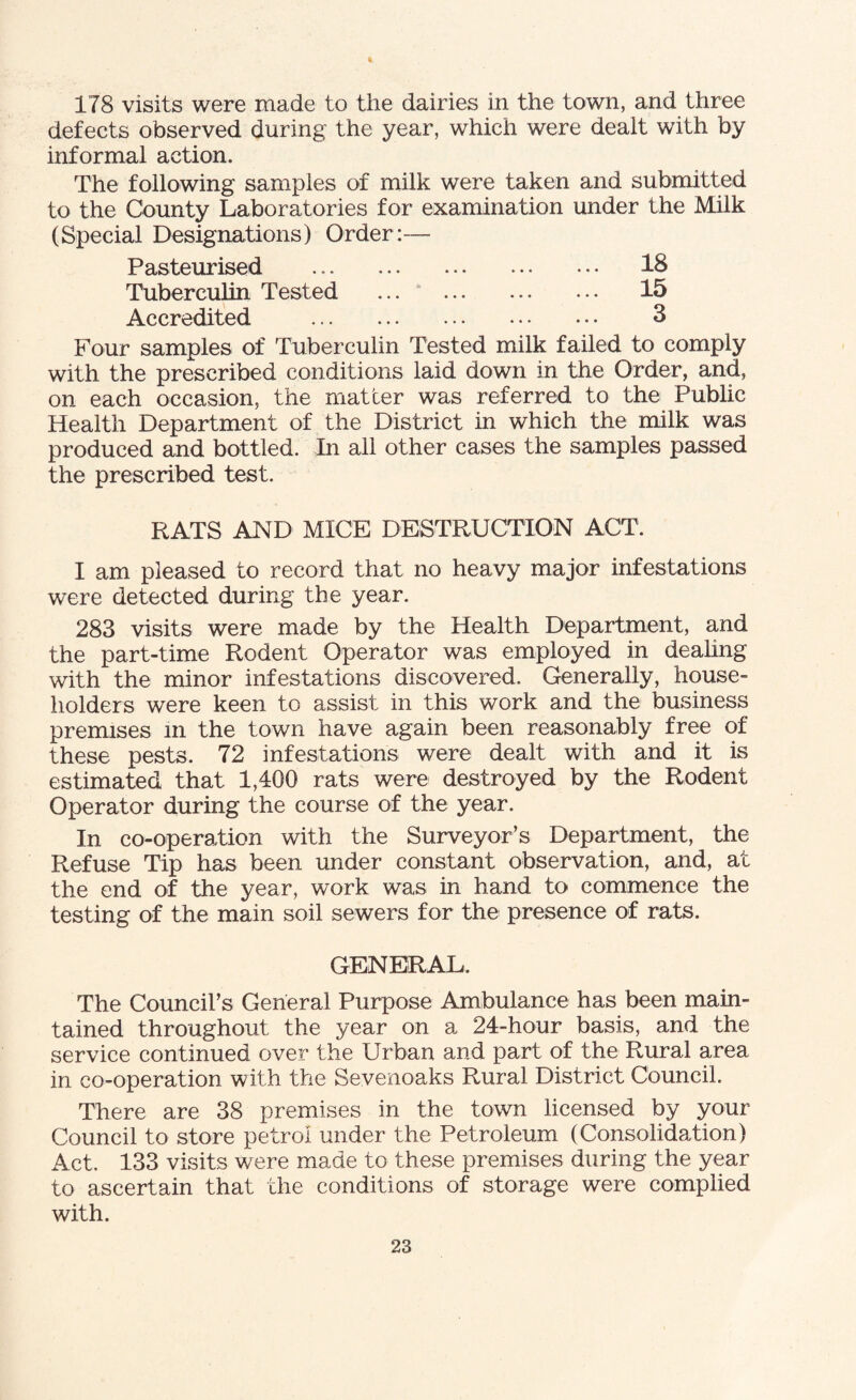 178 visits were made to the dairies in the town, and three defects observed during the year, which were dealt with by informal action. The following samples of milk were taken and submitted to the County Laboratories for examination under the Milk (Special Designations) Order:— Pasteurised ... 18 Tuberculin Tested . 15 Accredited . 3 Four samples of Tuberculin Tested milk failed to comply with the prescribed conditions laid down in the Order, and, on each occasion, the matter was referred to the Public Health Department of the District in which the milk was produced and bottled. In all other cases the samples passed the prescribed test. RATS AND MICE DESTRUCTION ACT. I am pleased to record that no heavy major infestations were detected during the year. 283 visits were made by the Health Department, and the part-time Rodent Operator was employed in dealing with the minor infestations discovered. Generally, house¬ holders were keen to assist in this work and the business premises in the town have again been reasonably free of these pests. 72 infestations were dealt with and it is estimated that 1,400 rats were destroyed by the Rodent Operator during the course of the year. In co-operation with the Surveyor’s Department, the Refuse Tip has been under constant observation, and, at the end of the year, work was in hand to commence the testing of the main soil sewers for the presence of rats. GENERAL. The Council’s General Purpose Ambulance has been main¬ tained throughout the year on a 24-hour basis, and the service continued over the Urban and part of the Rural area in co-operation with the Sevenoaks Rural District Council. There are 38 premises in the town licensed by your Council to store petrol under the Petroleum (Consolidation) Act. 133 visits were made to these premises during the year to ascertain that the conditions of storage were complied with.