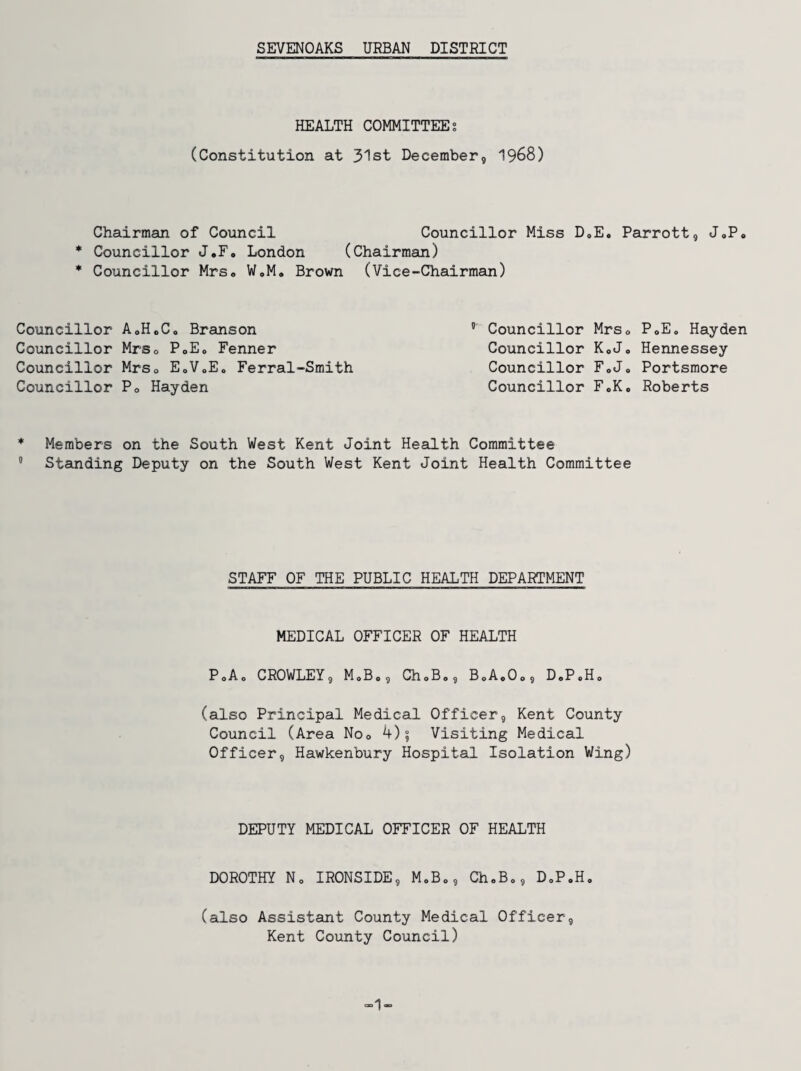 HEALTH COMMITTEES (Constitution at 31st December, I968) Chairman of Council Councillor Miss DoE. Parrott, J<,P« * Councillor J.F. London (Chairman) * Councillor Mrs® WoM. Brown (Vice-Chairman) Councillor AoHoC® Branson Councillor Mrs® PoE® Fenner Councillor Mrs® EoVoE® Ferral-Smith Councillor P® Hayden ' Councillor Mrs® PoE® Hayden Councillor KoJ® Hennessey Councillor F.J® Portsmore Councillor F.K. Roberts * Members on the South West Kent Joint Health Committee ” Standing Deputy on the South West Kent Joint Health Committee STAFF OF THE PUBLIC HEALTH DEPARTMENT MEDICAL OFFICER OF HEALTH PoAo CROWLEY, MoBo, ChoB®, B®A®0®, D«P.H® (also Principal Medical Officer, Kent County Council (Area No® 4)5 Visiting Medical Officer, Hawkenbury Hospital Isolation Wing) DEPUTY MEDICAL OFFICER OF HEALTH DOROTHY N® IRONSIDE, M®B®, Ch.B®, D®P,H. (also Assistant County Medical Officer, Kent County Council)