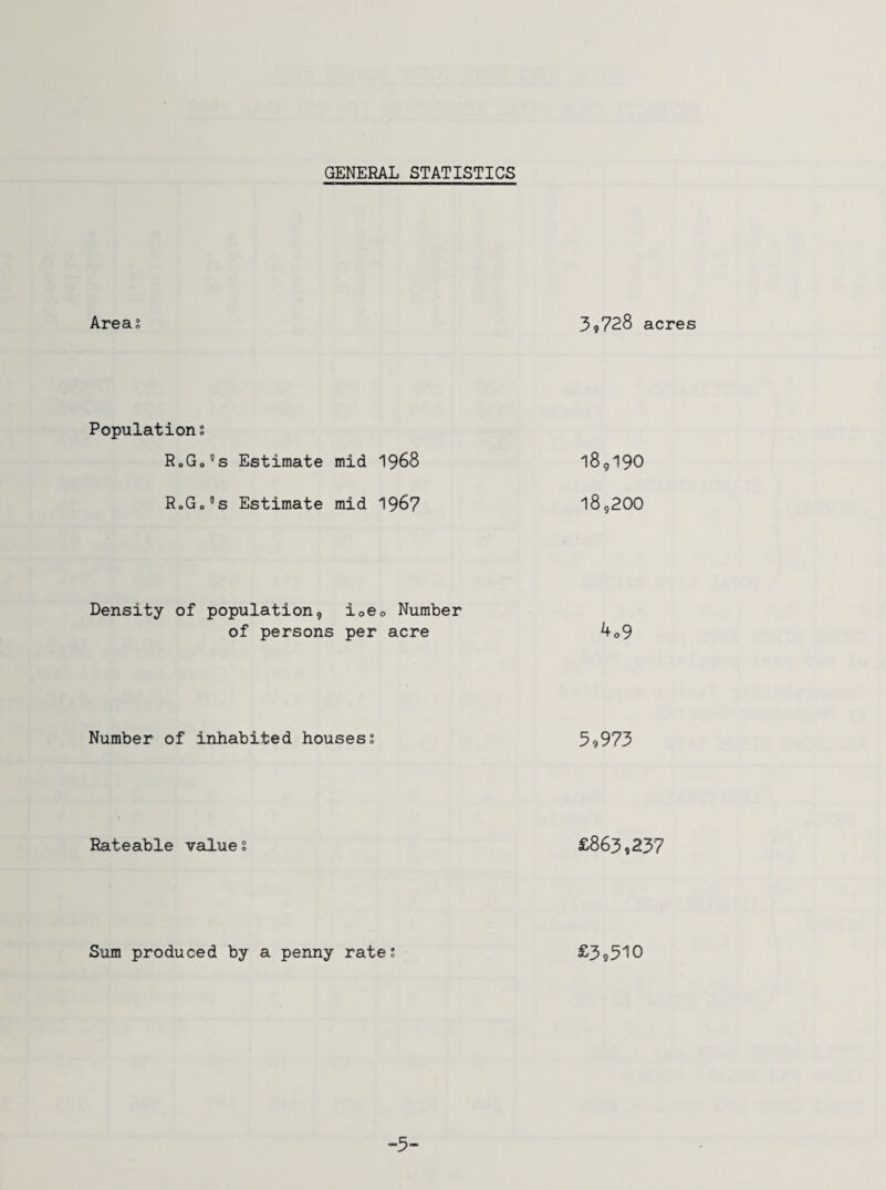 GENERAL STATISTICS Areas Population s RoGo’'s Estimate mid 1968 RoGo’s Estimate mid 196? Density of population, ioOo Number of persons per acre Number of inhabited housess Rateable values Sum produced by a penny rates 39728 acres 185I9O 18,200 4o9 59 973 £863,237 £3,510 -5-