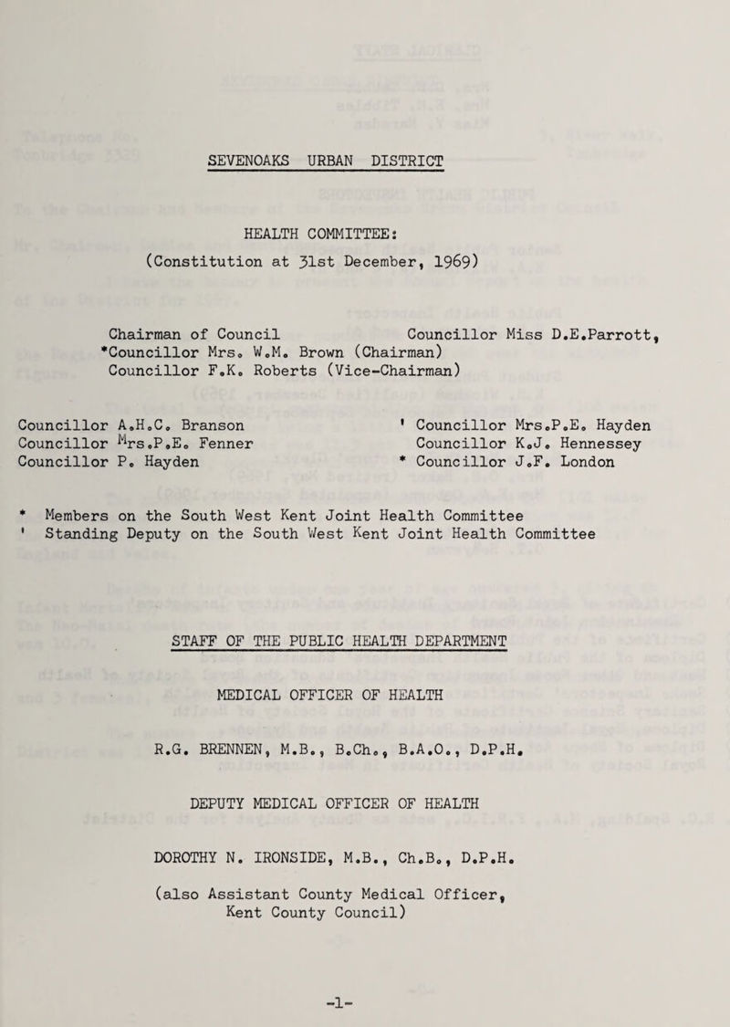 HEALTH COMMITTEES (Constitution at 31st December, I969) Chairman of Council Councillor Miss D.E,Parrott, ■^Councillor Mrso WoM, Brown (Chairman) Councillor F.Ko Roberts (Vice-Chairman) Councillor A.HoC® Branson Councillor ^^rs.P,Eo Fenner Councillor P« Hayden ' Councillor MrsoP.E, Hayden Councillor KoJ. Hennessey * Councillor JoF, London ■^ Members on the South West Kent Joint Health Committee ' Standing Deputy on the South V/est Kent Joint Health Committee STAFF OF THE PUBLIC HEALTH DEPARTMENT MEDICAL OFFICER OF HEALTH R.G. BRENNEN, M.B,, B.Cho, B.A.O., D.P.H. DEPUTY MEDICAL OFFICER OF HEALTH DOROTHY N. IRONSIDE, M.B., Ch.Bo, D.P.H. (also Assistant County Medical Officer, Kent County Council) -1-