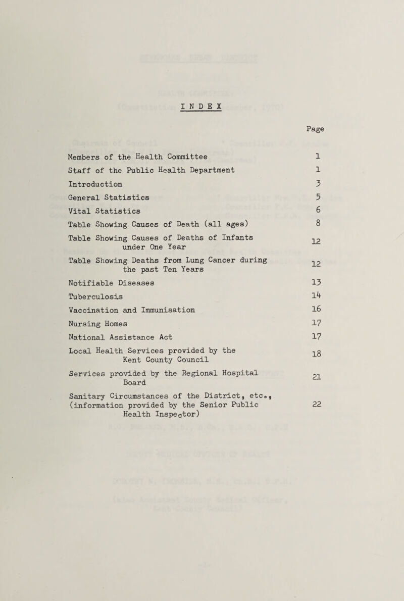INDEX Page Members of the Health Committee 1 Staff of the Public Health Department 1 Introduction 3 General Statistics 5 Vital Statistics 6 Table Showing Causes of Death (all ages) 8 Table Showing Causes of Deaths of Infants ^p under One Year Table Showing Deaths from Lung Cancer during the past Ten Years Notifiable Diseases 13 Tuberculosis 1^ Vaccination and Immunisation 16 Nursing Homes 17 National Assistance Act 17 Local Health Services provided by the ^g Kent County Council Services provided by the Regional Hospital pi Board Sanitary Circumstances of the District, etc<>9 (information provided by the Senior Public 22 Health Inspector)