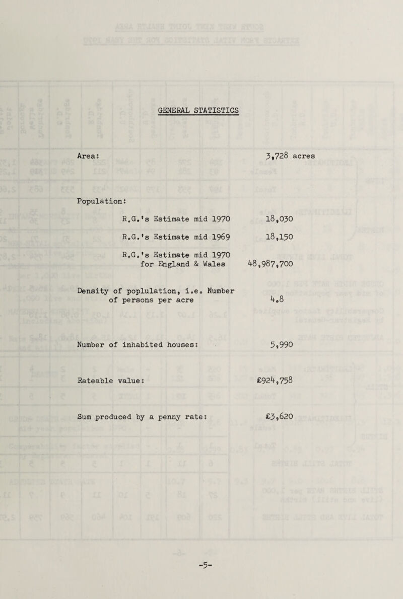GENERAL STATISTICS Area? 3,728 acres Population? R.G.’s Estimate mid 1970 18,030 RoG.'s Estimate mid 1969 18,150 RoGo’s Estimate mid 1970 for England & Wales 48,987,700 Density of poplulation, i.e. Number of persons per acre 4.8 Number of inhabited houses? 3,990 Rateable value? £924,758 Sum produced by a penny rate? £3,620 -5-