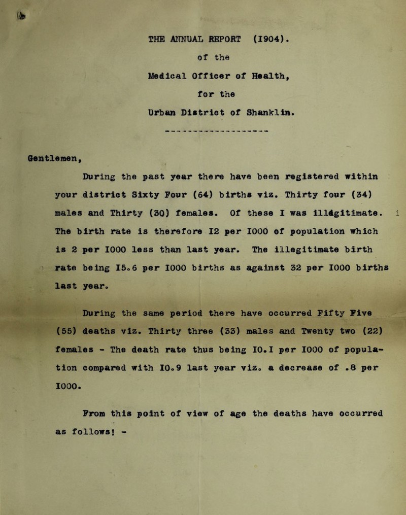 THE AITNUAL REPORT (1904). of the Medical Officer of Health, for the Urban District of Shanklin. Gentleioen, During the past year there have been registered within your district Sixty Pour (64) births viz. Thirty four (34) males and Thirty (30) females. Of these I was illAgitimate. The birth rate is therefore 12 per 1000 of population which is 2 per 1000 less than last year. The illegitimate birth ' rate being I5«6 per 1000 births as against 32 per 1000 births last year. During the sane period there have occurred Fifty Five (55) deaths viz. Thirty three (33) males and Twenty two (22) females - The death rate thus being 10.I per 1000 of popula¬ tion compared with 10.9 last year viz. a decrease of .8 per 1000. Prom this point of view of age the deaths have occurred as follows!