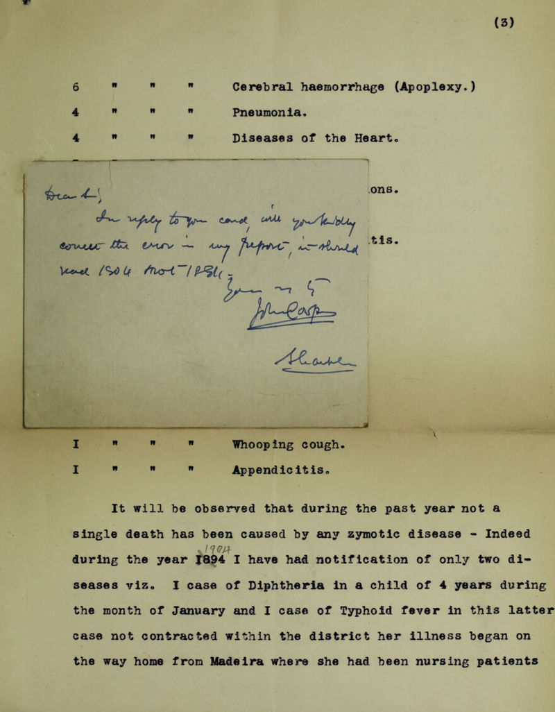 6    Cerebral haemorrhage (Apoplexy.) 4    Pneumonia. 4    Diseases of the Heart. It will be observed that during the past year not a single death has been caused by any zymotic disease - Indeed during the year 1894 I have had notification of only two di¬ seases viz. I case of Diphtheria in a child of 4 years during the month of January and I case of Typhoid fever in this latter case not contracted within the district her illness began on the way home from Madeira where she had been nursing patients