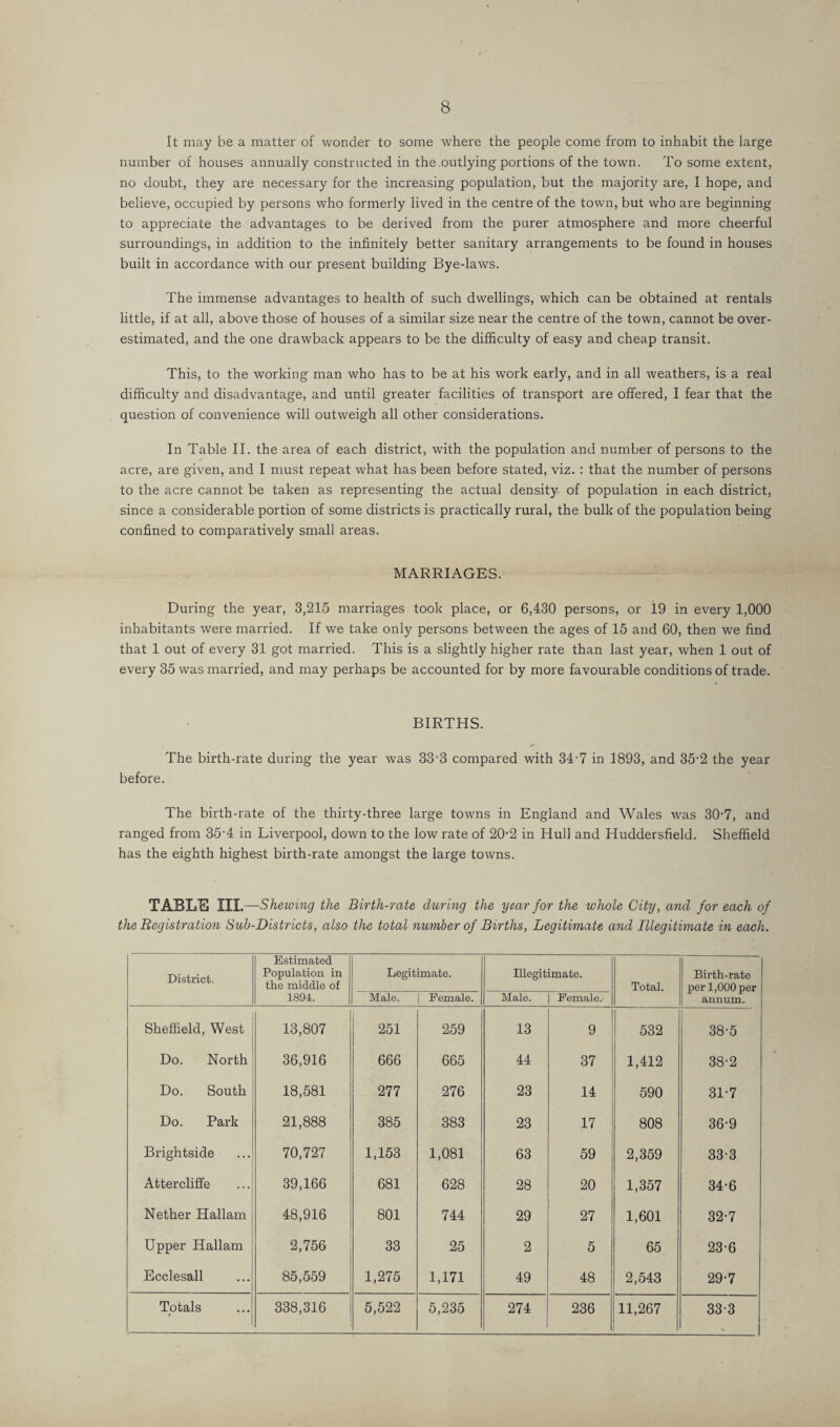 It may be a matter of wonder to some where the people come from to inhabit the large number of houses annually constructed in the,outlying portions of the town. To some extent, no doubt, they are necessary for the increasing population, but the majority are, I hope, and believe, occupied by persons who formerly lived in the centre of the town, but who are beginning to appreciate the advantages to be derived from the purer atmosphere and more cheerful surroundings, in addition to the infinitely better sanitary arrangements to be found in houses built in accordance with our present building Bye-laws. The immense advantages to health of such dwellings, which can be obtained at rentals little, if at all, above those of houses of a similar size near the centre of the town, cannot be over¬ estimated, and the one drawback appears to be the difficulty of easy and cheap transit. This, to the working man who has to be at his work early, and in all weathers, is a real difficulty and disadvantage, and until greater facilities of transport are offered, I fear that the question of convenience will outweigh all other considerations. In Table II. the area of each district, with the population and number of persons to the acre, are given, and I must repeat what has been before stated, viz. : that the number of persons to the acre cannot be taken as representing the actual density of population in each district, since a considerable portion of some districts is practically rural, the bulk of the population being confined to comparatively small areas. MARRIAGES. During the year, 3,215 marriages took place, or 6,430 persons, or 19 in every 1,000 inhabitants were married. If we take only persons between the ages of 15 and 60, then we find that 1 out of every 31 got married. This is a slightly higher rate than last year, when 1 out of every 35 was married, and may perhaps be accounted for by more favourable conditions of trade. BIRTHS. The birth-rate during the year was 33’3 compared with 34-7 in 1893, and 35-2 the year before. The birth-rate of the thirty-three large towns in England and Wales was 30-7, and ranged from 35’4 in Liverpool, down to the low rate of 20-2 in Hull and Huddersfield. Sheffield has the eighth highest birth-rate amongst the large towns. TABLE III.—Shewing the Birth-rate during the year for the whole City, and for each of the Registration Sub-Districts, also the total number of Births, Legitimate and Illegitimate in each. District. Estimated Population in the middle of 1894. Legitimate. Illegitimate. Total. Birth-rate per 1,000 per annum. Male. Female. Male. Female. Sheffield, West 13,807 251 259 13 9 532 38-5 Do. North 36,916 666 665 44 37 1,412 38-2 Do. South 18,581 277 276 23 14 590 31-7 Do. Park 21,888 385 383 23 17 808 36'9 Brightside 70,727 1,153 1,081 63 59 2,359 33-3 Attercliffe 39,166 681 628 28 20 1,357 34-6 Nether Hallam 48,916 801 744 29 27 1,601 32-7 Upper Hallam 2,756 33 25 2 5 65 23-6 Ecclesall 85,559 1,275 1,171 49 48 2,543 29-7 Totals 338,316 5,522 5,235 274 236 11,267 33-3 1