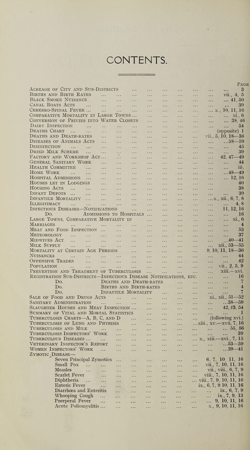 CONTENTS Acreage of City and Sub-Districts . Page . 3 Births and Birth Rates . vii., 4, 5 Brack Smoke Nuisance . ... ... .41, 50 Canal Boats Acts . . 39 Cerebro-Spinal Fever. .x., 10, 11, 16 Comparative Mortality in Barge Towns. ... xi., 6 Conversion of Privies into Water Closets .38, 46 Dairy Inspection . 54 Deaths Chart . (opposite) 1 Deaths and Death-rates . vii., 5, 10, 18—36 Diseases of Animals Acts . .58—59 Disinfection . . 45 Dried Milk Scheme ... ... . 39 Factory and Workshop Act... .'. . 42, 47—49 General Sanitary Work . ’. 44 Health Committee . iii. Home Work .48—49 Hospital Admissions . .12, 16 Houses let in Lodgings . . 40 Housing Acts . ... ... . 38 Infant Depots. . 39 Infantile Mortality ... .x., xii., 6, 7, 8 Illegitimacy . . 4, S Infectious Diseases—Notifications . . 11,12,16 Do. Admissions to Hospitals ... . 16 Large Towns, Comparative Mortality7 in ... ... ... xi., 6 Marriages . 4 Meat and Food Inspection. . 53 Meteorology . . 37 Midwives Act . . . 40-41 Milk Supply . . xii., 53—55 Mortality at Certain Age Periods . 9, 10, 11, 18—36 Nuisances . ... ... . 44 Offensive Trades . 42 Population .. . . vii., 2, 5, 9 Prevention and Treatment of Tuberculosis xiii.—xvi. Registration Sub-Districts—Infectious Disease Notifications, ETC. ... ... 16 Do. Deaths and Death-rates ... ... ... 7 Do. Births and Birth-rates . 4 Do. Infantile Mortality ... ... 7 Sale of Food and Drugs Acts . xi., xii., 51—52 Sanitary Administration .38—59 Slaughter Houses and Meat Inspection. . 42,43,54 Summary of Vital and Mortal Statistics . 1 Tuberculosis Charts—A, B, C, and D . (following xvi.) Tuberculosis of Lung and Phthisis . ...xiii., xv.—xvii, 7, 16 Tuberculosis and Milk ... ... . ... 55, 56 Tuberculosis Inspectors’ Work . ... ... . 39 Tuberculous Diseases. . ... x., xiii.—xvi., 7, 15 Veterinary Inspector's Report . .53—59 Women Inspectors’ Work . .39—41 Zymotic Disease— Seven Principal Zymotics ... 6, 7, 10. 11, 16 Small Pox vii., 7, 10, 11, 16 Measles vii., viii., 6, 7, 9 Scarlet Fever ... viii., 7, 10, 11, 16 Diphtheria ... viii., 7, 9, 10, 11, 16 Enteric Fever ix., 6, 7, 9 10, 11, 16 Diarrhoea and Enteritis ix., 6, 7, 9 Whooping Cough . ix., 7, 9, 13 Puerperal Fever • . • ... .9, 10, 11, 16 Acute Poliomyelitis ... ... x., 9, 10, 11, 16