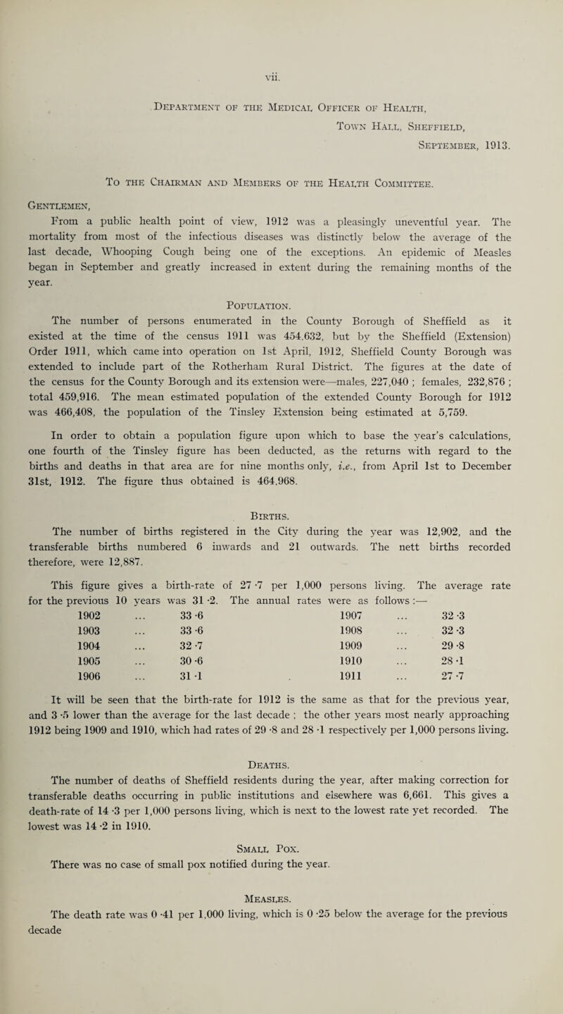 Department of the Medical Officer of Health. Town Hall, Sheffield, September, 1913. To the Chairman and Members of the Health Committee. Gentlemen, From a public health point of view, 1912 was a pleasingly uneventful year. The mortality from most of the infectious diseases was distinctly below the average of the last decade, Whooping Cough being one of the exceptions. An epidemic of Measles began in September and greatly increased in extent during the remaining months of the year. Population. The number of persons enumerated in the County Borough of Sheffield as it existed at the time of the census 1911 was 454,632, but by the Sheffield (Extension) Order 1911, which came into operation on 1st April, 1912, Sheffield County Borough was extended to include part of the Rotherham Rural District. The figures at the date of the census for the County Borough and its extension were—males, 227,040 ; females, 232,876 ; total 459,916. The mean estimated population of the extended County Borough for 1912 was 466,408, the population of the Tinsley Extension being estimated at 5,759. In order to obtain a population figure upon which to base the year’s calculations, one fourth of the Tinsley figure has been deducted, as the returns with regard to the births and deaths in that area are for nine months only, i.e., from April 1st to December 31st, 1912. The figure thus obtained is 464,968. Births. The number of births registered in the City during the year was 12,902, and the transferable births numbered 6 inwards and 21 outwards. The nett births recorded therefore, were 12,887. This figure gives a birth-rate of 27 -7 per 1,000 persons living. The average rate for the previous 10 years was 31 -2. The annual rates were as follows :— 1902 33 -6 1907 32-3 1903 33-6 1908 32-3 1904 32 -7 1909 29-8 1905 30-6 1910 28-1 1906 31 1 1911 27-7 It will be seen that the birth-rate for 1912 is the same as that for the previous year, and 3 -5 lower than the average for the last decade ; the other years most nearly approaching 1912 being 1909 and 1910, which had rates of 29 -8 and 28 -1 respectively per 1,000 persons living. Deaths. The number of deaths of Sheffield residents during the year, after making correction for transferable deaths occurring in public institutions and elsewhere was 6,661. This gives a death-rate of 14 -3 per 1,000 persons living, which is next to the lowest rate yet recorded. The lowest was 14 -2 in 1910. Small Pox. There was no case of small pox notified during the year. Measles. The death rate was 0 -41 per 1,000 living, which is 0 -25 below the average for the previous decade