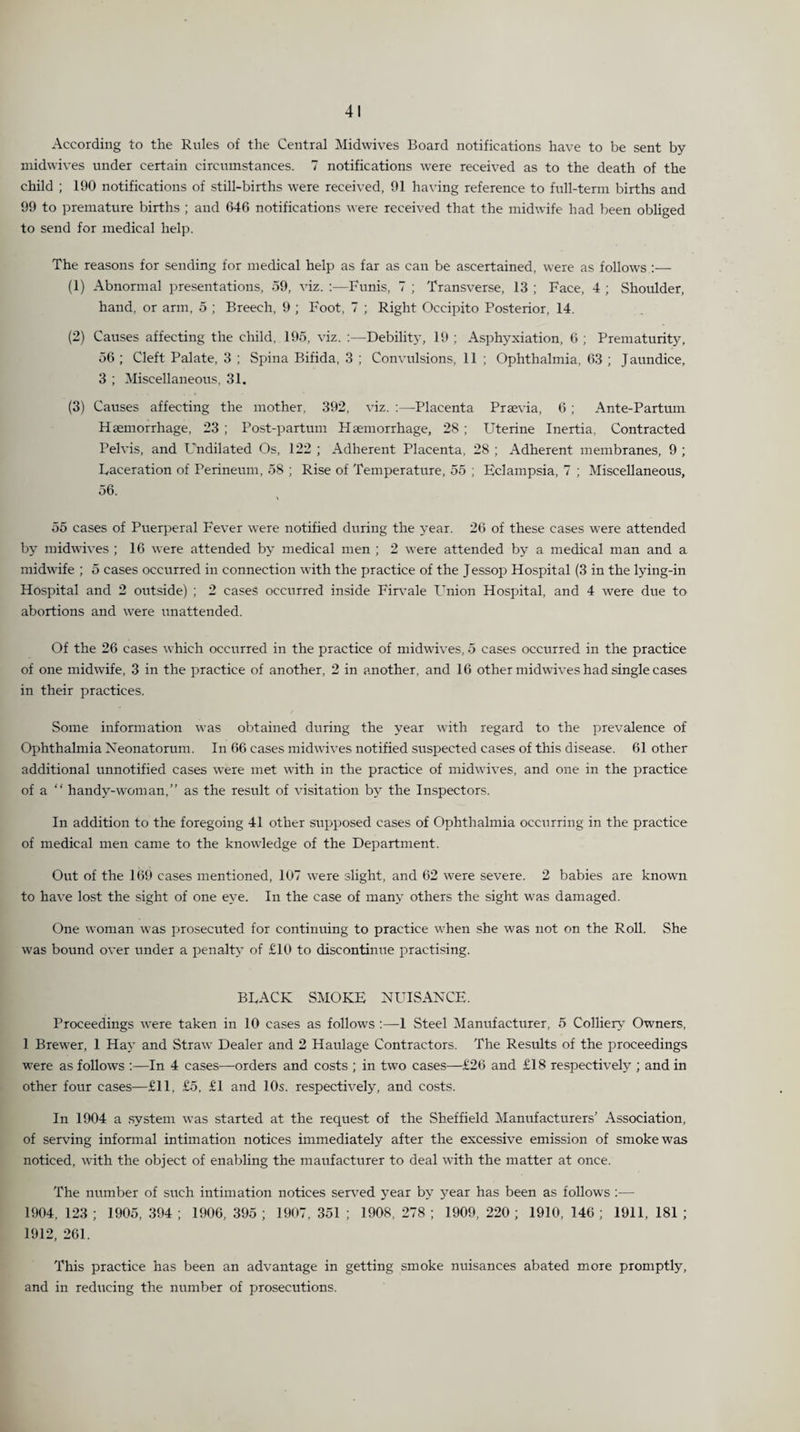 According to the Rules of the Central Midwives Board notifications have to be sent by midwives under certain circumstances. 7 notifications were received as to the death of the child ; 190 notifications of still-births were received, 91 having reference to full-term births and 99 to premature births ; and 646 notifications were received that the midwife had been obliged to send for medical help. The reasons for sending for medical help as far as can be ascertained, were as follows :— (1) Abnormal presentations, 59, viz. :—Funis, 7 ; Transverse, 13 ; Face, 4 ; Shoulder, hand, or arm, 5 ; Breech, 9 ; Foot, 7 ; Right Occipito Posterior, 14. (2) Causes affecting the child, 195, viz. :—Debility, 19 ; Asphyxiation, 6 ; Prematurity, 56 ; Cleft Palate, 3 ; Spina Bifida, 3 ; Convulsions, 11 ; Ophthalmia, 63 ; Jaundice, 3 ; Miscellaneous, 31. (3) Causes affecting the mother, 392, viz. :—Placenta Praevia, 6 ; Ante-Partum Haemorrhage, 23 ; Post-partum Haemorrhage, 28 ; Uterine Inertia, Contracted Pelvis, and Undilated Os, 122 ; Adherent Placenta, 28 ; Adherent membranes, 9 ; Laceration of Perineum, 58 ; Rise of Temperature, 55 ; Eclampsia, 7 ; Miscellaneous, 56. 55 cases of Puerperal Fever were notified during the year. 26 of these cases were attended by midwives ; 16 were attended by medical men ; 2 were attended by a medical man and a midwife ; 5 cases occurred in connection with the practice of the Jessop Hospital (3 in the lying-in Hospital and 2 outside) ; 2 cases occurred inside Firvale PTnion Hospital, and 4 were due to abortions and were unattended. Of the 26 cases which occurred in the practice of midwives, 5 cases occurred in the practice of one midwife, 3 in the practice of another, 2 in another, and 16 other midwives had single cases in their practices. Some information was obtained during the year with regard to the prevalence of Ophthalmia Neonatorum. In 66 cases midwives notified suspected cases of this disease. 61 other additional unnotified cases wTere met with in the practice of midwives, and one in the practice of a “ handy-woman,” as the result of visitation by the Inspectors. In addition to the foregoing 41 other supposed cases of Ophthalmia occurring in the practice of medical men came to the knowledge of the Department. Out of the 169 cases mentioned, 107 were slight, and 62 were severe. 2 babies are known to have lost the sight of one eye. In the case of many others the sight was damaged. One woman was prosecuted for continuing to practice when she was not on the Roll. She was bound over under a penalty of £10 to discontinue practising. BLACK SMOKE NUISANCE. Proceedings were taken in 10 cases as follows :—1 Steel Manufacturer, 5 Colliery Owners, 1 Brewer, 1 Hay and Straw Dealer and 2 Haulage Contractors. The Results of the proceedings were as follows :—In 4 cases—orders and costs ; in two cases—£26 and £18 respectively ; and in other four cases—£11, £5, £1 and 10s. respectively, and costs. In 1904 a system was started at the request of the Sheffield Manufacturers’ Association, of serving informal intimation notices immediately after the excessive emission of smoke was noticed, with the object of enabling the maufacturer to deal with the matter at once. The number of such intimation notices served year by year has been as follows :— 1904, 123 ; 1905, 394 ; 1906, 395 ; 1907, 351 ; 1908, 278 ; 1909, 220 ; 1910, 146 ; 1911, 181 ; 1912, 261. This practice has been an advantage in getting smoke nuisances abated more promptly, and in reducing the number of prosecutions.