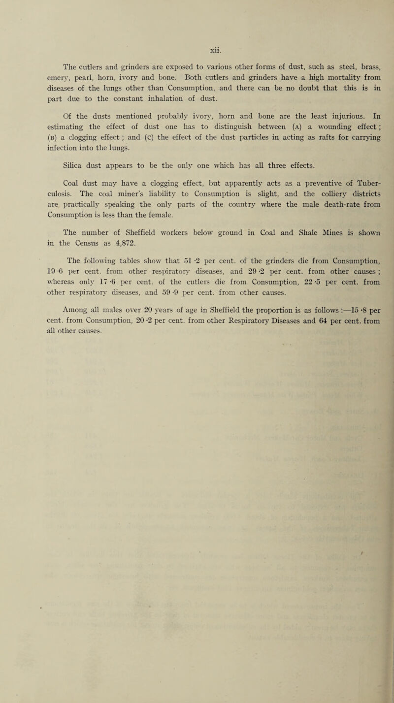 XU. The cutlers and grinders are exposed to various other forms of dust, such as steel, brass, emery, pearl, horn, ivory and bone. Both cutlers and grinders have a high mortaUty from diseases of the lungs other than Consumption, and there can be no doubt that this is in part due to the constant inhalation of dust. Of the dusts mentioned probably ivory, horn and bone are the least injurious. In estimating the effect of dust one has to distinguish between (a) a wounding effect ; (b) a clogging effect ; and (c) the effect of the dust particles in acting as rafts for carrying infection into the lungs. Silica dust appears to be the only one which has all three effects. Coal dust may have a clogging effect, but apparently acts as a preventive of Tuber¬ culosis. The coal miner’s liabilitj' to Consumption is slight, and the colhery districts are practically speaking the only parts of the country where the male death-rate from Consumption is less than the female. The number of Sheffield workers below ground in Coal and Shale Mines is shown in the Census as 4,872. The following tables show that 51 -2 per cent, of the grinders die from Consumption, 19 -6 per cent, from other respiratory' diseases, and 29 -2 per cent, from other causes ; whereas only' 17 -O per cent, of the cutlers die from Consumption, 22 -5 per cent, from other respiratory' diseases, and 59 -9 per cent, from other causes. Among all males over 20 y'ears of age in Sheffield the proportion is as follows ;—15 *8 per cent, from Consumption, 20 *2 per cent, from other Respiratory Diseases and 64 per cent, from all other causes.