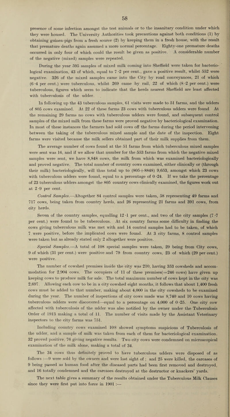 presence of some infection amongst the test animals or to the insanitary condition under which they were housed. The University Authorities took precautions against both conditions (1) by obtaining guinea-pigs from a fresh source (2) by keeping them in a fresh house, with the result that premature deaths again assumed a more normal percentage. Eighty-one premature deaths occurred in only four of which could the result be given as positive. A considerable number of the negative (mixed) samples were repeated. During the year 595 samples of mixed milk coming into Sheffield were taken for bacterio¬ logical examination, 43 of which, equal to 7 -2 per cent., gave a positive result, whilst 552 were negative. 326 of the mixed samples came into the City bv road conveyances, 21 of which (6-4 per cent.) were tuberculous, whilst 269 came by rail, 22 of which (8-2 per cent.) were tuberculous, figures which seem to indicate that the herds nearest Sheffield are least affected with tuberculosis of the udder. In following up the 43 tuberculous samples, 61 visits were made to 51 farms, and the udders of 805 cows examined. At 22 of these farms 23 cows with tuberculous udders were found At the remaining 29 farms no cows with tuberculous udders were found, and subsequent control samples of the mixed milk from these farms were proved negative by bacteriological examination. In most of these instances the farmers had sold cows off the farms during the period intervening between the taking of the tuberculous mixed sample and the date of the inspection. Eight farms were visited because the milk sellers obtained part of their milk supplies from them. The average number of cows found at the 51 farms from which tuberculous mixed samples were sent was 16, and if we allow' that number for the 553 farms from which the negative mixed samples were sent, we have 8,848 cow's, the milk from which was examined bacteriologically and proved negative. The total number of country cows examined, either clinically or (through their milk) bacteriologically, will thus total up to (805+8848) 9,653, amongst which 23 cows with tuberculous udders were found, equal to a percentage of 0 -24. If we take the percentage of 23 tuberculous udders amongst the 805 country cows clinically examined, the figures work out at 2 -9 per cent. Control Samples.—Altogether 84 control samples were taken, 58 representing 49 farms and 717 cows, being taken from country herds, and 26 representing 21 farms and 391 cows, from city herds. Seven of the country samples, equalling 12 -1 per cent., and two of the city samples (7 -7 per cent.) were found to be tuberculous. At six country farms some difficulty in finding the cows giving tuberculous milk was met with and 14 control samples had to be taken, of which 7 were positive, before the implicated cows were found. At 3 city farms, 8 control samples were taken but as already stated only 2 altogether were positive. Special Samples.—A total of 108 special samples were taken, 29 being from City cows, 9 of which (31 per cent.) were positive and 79 from country cows, 23 of which (29 per cent.) were positive. The number of cow'shed premises inside the city was 210, having 353 cowsheds and accom¬ modation for 2,904 cows. The occupiers of 11 of these premises(—246 cows) have given up keeping cows to produce milk for sale. The total maximum number of cows kept in the city was 2,697. Allowing each cow to be in a city cowshed eight months, it follows that about 1,400 fresh cows must be added to that number, making about 4,000 in the city cowsheds to be examined during the year. The number of inspections of city cows made was 8,740 and 10 cows having tuberculous udders were discovered—equal to a percentage on 4,000 of 0 -25. One city cow affected with tuberculosis of the udder was also notified by the owner under the Tuberculosis Order of 1913 making a total of 11. The number of visits made by the Assistant Veterinary inspectors to the city farms was 751. Including country cows examined 108 showed symptoms suspicious of Tuberculosis of the udder, and a sample of milk was taken from each of them for bacteriological examination. 32 proved positive, 76 giving negative results. Two city cows were condemned on microscopical examination of the milk alone, making a total of 34. The 34 cows thus definitely proved to have tuberculous udders were disposed of as follows :—9 were sold by the owners and were lost sight of ; and 25 were killed, the carcases of 9 being passed as human food after the diseased parts had been first removed and destroyed, and 16 totally condemned and the carcases destroyed at the destructor or knackers’ yards. The next table gives a summary of the results obtained under the Tuberculous Milk Clauses since they were first put into force in 1901 :—