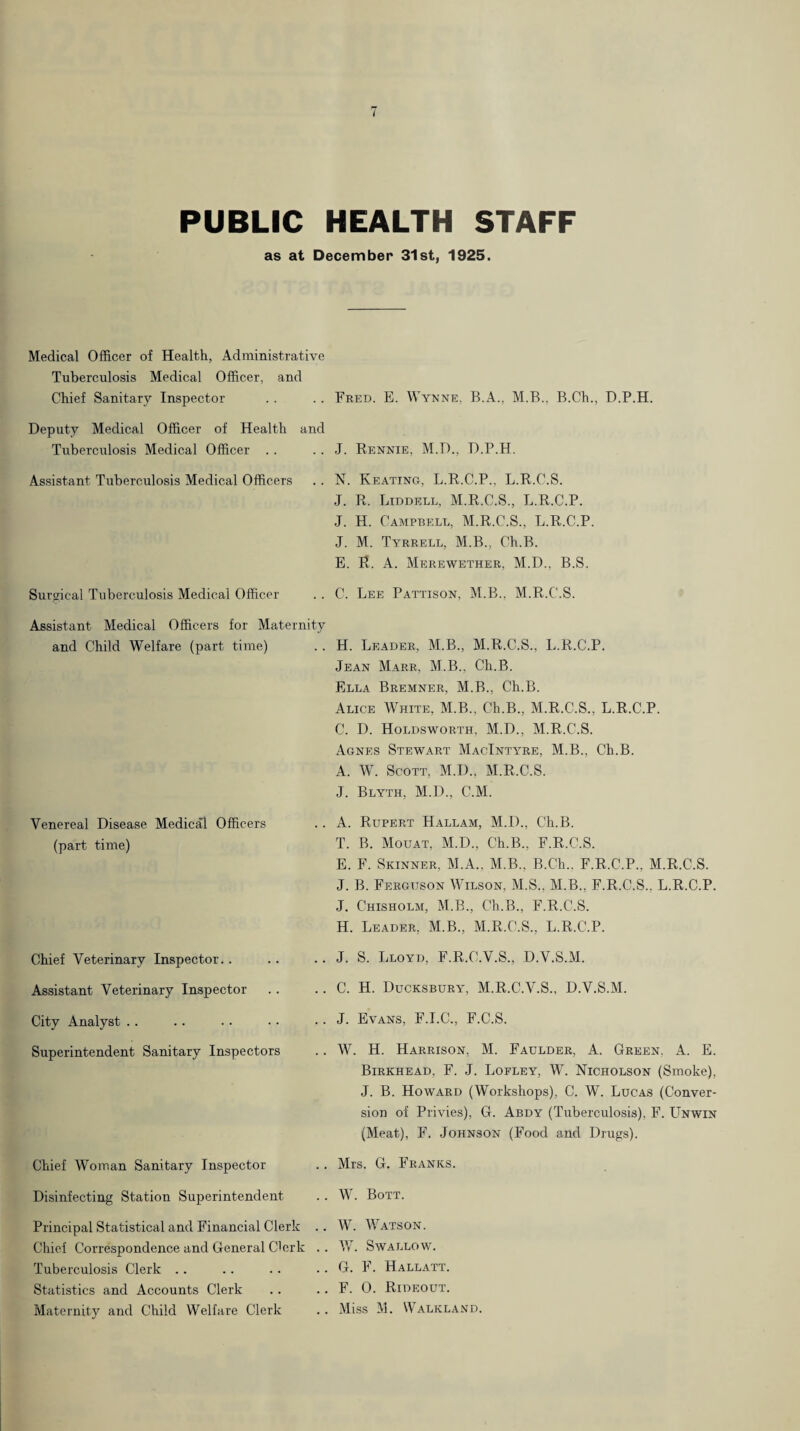 PUBLIC HEALTH STAFF as at December 31st, 1925. Medical Officer of Health, Administrative Tuberculosis Medical Officer, and Chief Sanitary Inspector . . .. Fred. E. Wynne, B.A., M.B., B.Ch., D.P.H. Deputy Medical Officer of Health and Tubercirlosis Medical Officer .. .. J. Rennie, M.D., D.P.H. Assistant Tuberculosis Medical Officers . . N. Keating, L.R.C.P., L.R.C.S. J. R. Liddell, M.R.C.S., L.R.C.P. J. H. Campbell, M.R.C.S., L.R.C.P. J. M. Tyrrell, M.B., Ch.B. E. R. A. Merewether, M.D., B.S. Surgical Tuberculosis Medical Officer . . C. Lee Pattison, M.B., M.R.C.S. Assistant Medical Officers for Maternity and Child Welfare (part time) . . H. Leader, M.B., M.R.C.S., li.R.C.P. Jean Marr, M.B., Ch.B. Ella Bremner, M.B., Ch.B. Alice White, M.B., Ch.B., M.R.C.S., L.R.C.P. C. D. Holdsworth, M.D., M.R.C.S. Agnes Stewart MacIntyre, M.B., Ch.B. A. W. Scott, M.D., M.R.C.S. J. Blyth, M.D., C.M. Venereal Disease MedicR Officers (part time) Chief Veterinary Inspector. . Assistant Veterinary Inspector City Analyst . . Superintendent Sanitary Inspectors Chief Woman Sanitary Inspector Disinfecting Station Superintendent Principal Statistical and Financial Clerk Chief Correspondence and General Clerk Tuberculosis Clerk . . Statistics and Accounts Clerk Maternity and Child Welfare Clerk A. Rupert Hallam, M.D., Ch.B. T. B. Mouat, M.D., Ch.B., F.R.C.S. E. F. Skinner, M.A., M.B., B.Ch., F.R.C.P., M.R.C.S. J. B. Ferguson Wilson, M.S., M.B., F.R.C.S., L.R.C.P. J. Chisholm, M.B., Ch.B., F.R.C.S. H. Leader, M.B., M.R.C.S., L.R.C.P. J. S. Lloyd, F.R.C.V.S., D.V.S.M. C. H. Ducksbury, M.R.C.V.S., D.V.S.M. J. Evans, F.I.C., F.C.S. W. H. Harrison, M. Faulder, A. Green, A. E. Birkhead, F. j. Lofley, W. Nicholson (Smoke), J. B. Howard (Workshops), C. W. Lucas (Conver¬ sion of Privies), G. Abdy (Tuberculosis), F. LTnwin (Meat), F. Johnson (Food and Drugs). Mrs. G. Franks. W. Bott. W. Watson. V/. Swallow. G. F. Halljvtt. F. 0. Rideout.