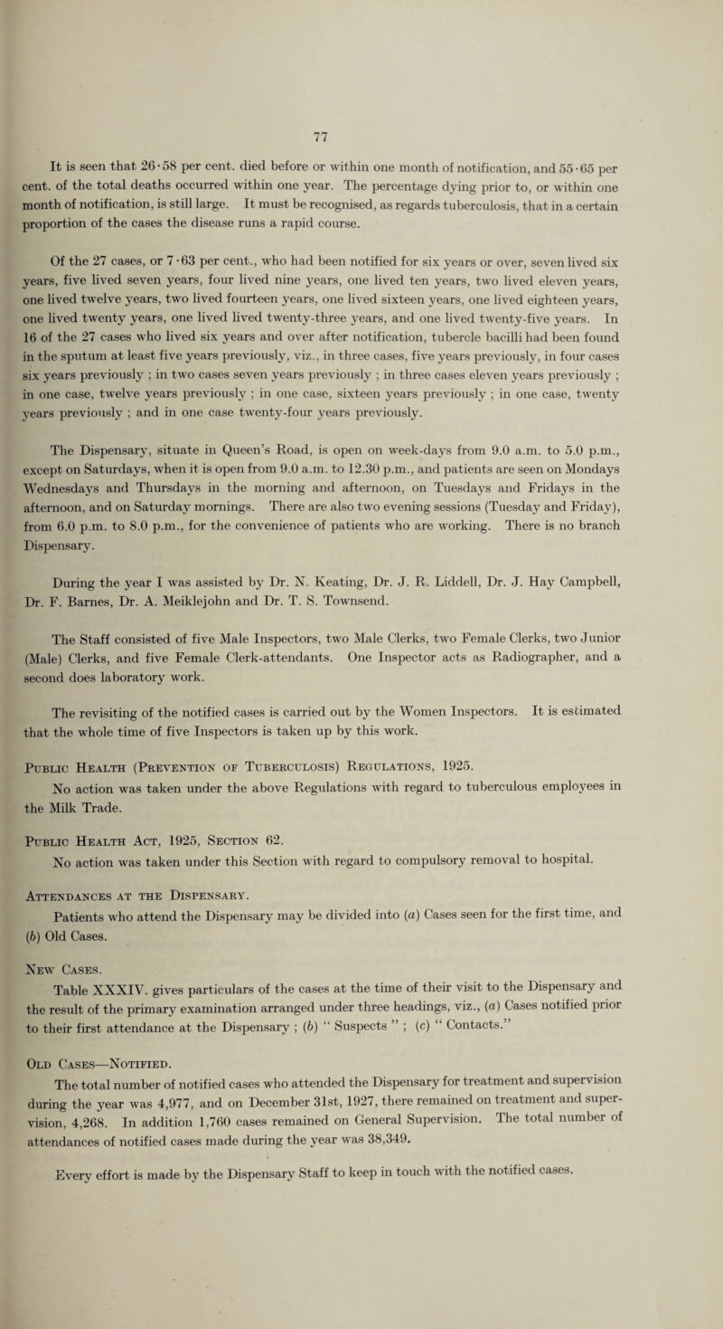It is seen that 26-58 per cent, died before or within one month of notification, and 55 • 65 per cent, of the total deaths occurred within one year. The percentage dying prior to, or within one month of notification, is still large. It must be recognised, as regards tuberculosis, that in a certain proportion of the cases the disease runs a rapid course. Of the 27 cases, or 7 -63 per cent., who had been notified for six years or over, seven lived six years, five lived seven years, four lived nine years, one lived ten years, two lived eleven years, one lived twelve years, two lived fourteen years, one lived sixteen years, one lived eighteen years, one lived twenty years, one lived lived twenty-three years, and one lived twenty-five years. In 16 of the 27 cases who lived six years and over after notification, tubercle bacilli had been found in the sputum at least five years previously, viz., in three cases, five years previously, in four cases six years previously ; in two cases seven years jareviously ; in three cases eleven years previously ; in one case, tw'elve years previously ; in one case, sixteen years previously ; in one case, twenty years previously ; and in one case twenty-four years previously. The Dispensary, situate in Queen’s Road, is open on week-days from 9.0 a.m. to 5.0 p.m., except on Saturdays, when it is open from 9.0 a.m. to 12.30 p.m., and patients are seen on Mondays Wednesdays and Thiirsdays in the morning and afternoon, on Tuesdays and Fridays in the afternoon, and on Saturday mornings. There are also two evening sessions (Tuesday and Friday), from 6.0 p.m. to 8.0 p.m., for the convenience of patients who are working. There is no branch Dispensary. During the year I was assisted by Dr. N. Keating, Dr. J. R. Liddell, Dr. J. Hay Campbell, Dr. F. Barnes, Dr. A. Meiklejohn and Dr. T. S. Townsend. The Staff consisted of five Male Inspectors, two Male Clerks, two Female Clerks, two Junior (Male) Clerks, and five Female Clerk-attendants. One Inspector acts as Radiographer, and a second does laboratory work. The revisiting of the notified cases is carried out by the Women Inspectors. It is estimated that the whole time of five Inspectors is taken up by this work. Public Health (Prevention of Tuberculosis) Regulations, 1925. No action was taken under the above Regulations with regard to tuberculous employees m the Milk Trade. Public Health Act, 1925, Section 62. No action was taken under this Section with regard to compulsory removal to hospital. Attendances at the Dispensary. Patients who attend the Dispensary may be divided into (a) Cases seen for the first time, and (b) Old Cases. New Cases. Table XXXIV. gives particulars of the cases at the time of their visit to the Dispensary and the result of the primary examination arranged under three headings, viz., (a) Cases notified prior to their first attendance at the Dispensary ; (b) “ Suspects ” ; (c) ‘ Contacts. Old Cases—Notified. The total number of notified cases who attended the Dispensary for treatment and supervision during the year was 4,977, and on December 31st, 1927, there remained on treatment and super¬ vision, 4,268. In addition 1,760 cases remained on General Supervision. The total number of attendances of notified cases made during the year was 38,349. Every effort is made by the Dispensary Staff to keep in touch with the notified cases.